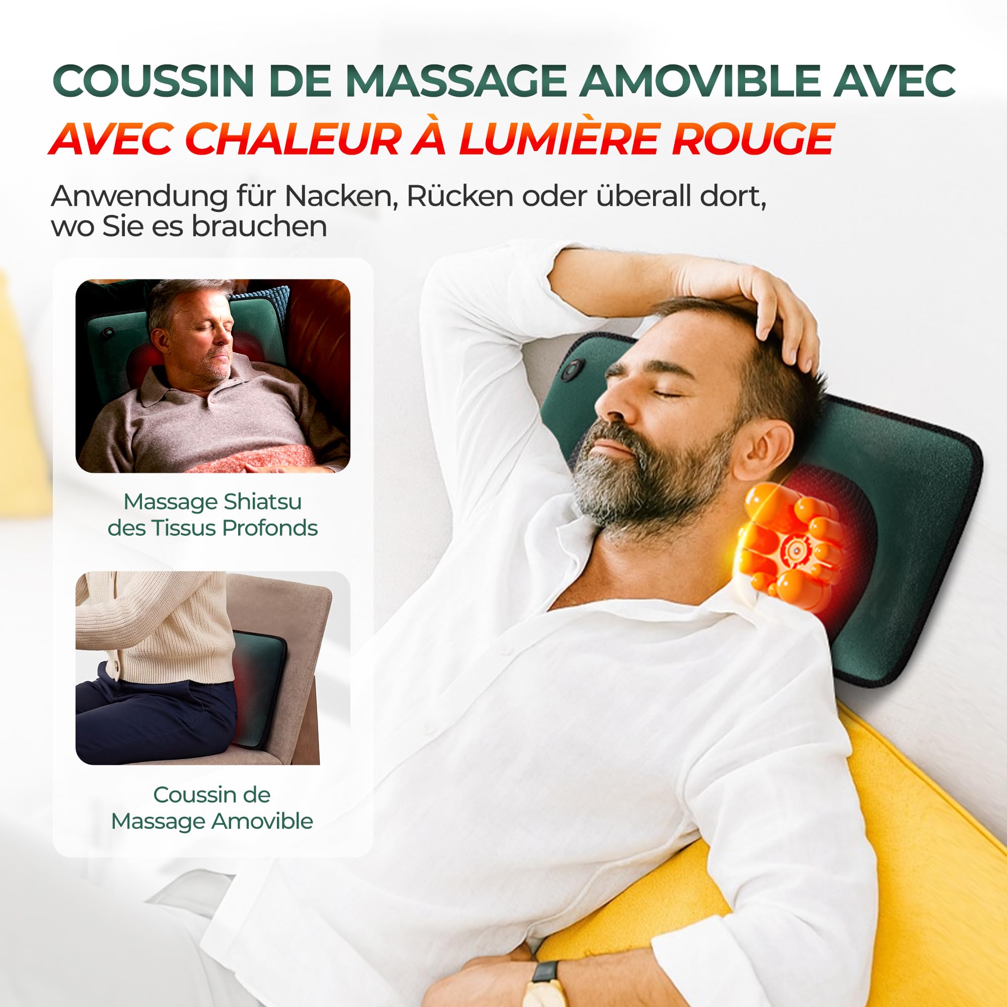 Tapis de Massage Shiatsu 3-en-1 : Masseur Cou Amovible, Matelas de Vibration Corps Entier avec Chaleur et Appareil de Massage des Pieds, Soulagement Dos et Jambes, Pliable, Velours, Vert