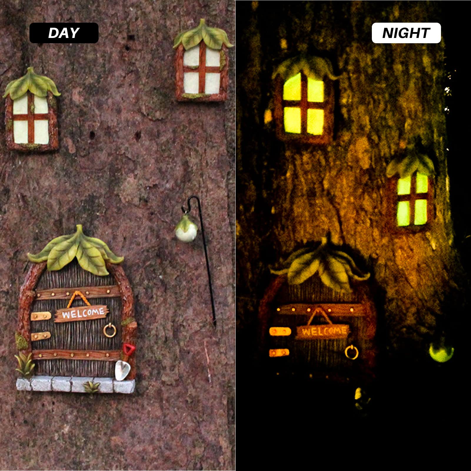 Kit Porta Delle Fate e Finestre per Alberi,Gnomo in Miniatura per la Casa in Ornamentale di Fata Door,Prato Giardino Sculture di Albero Decorazione,Glow in The Dark Yard Outdoor Decor