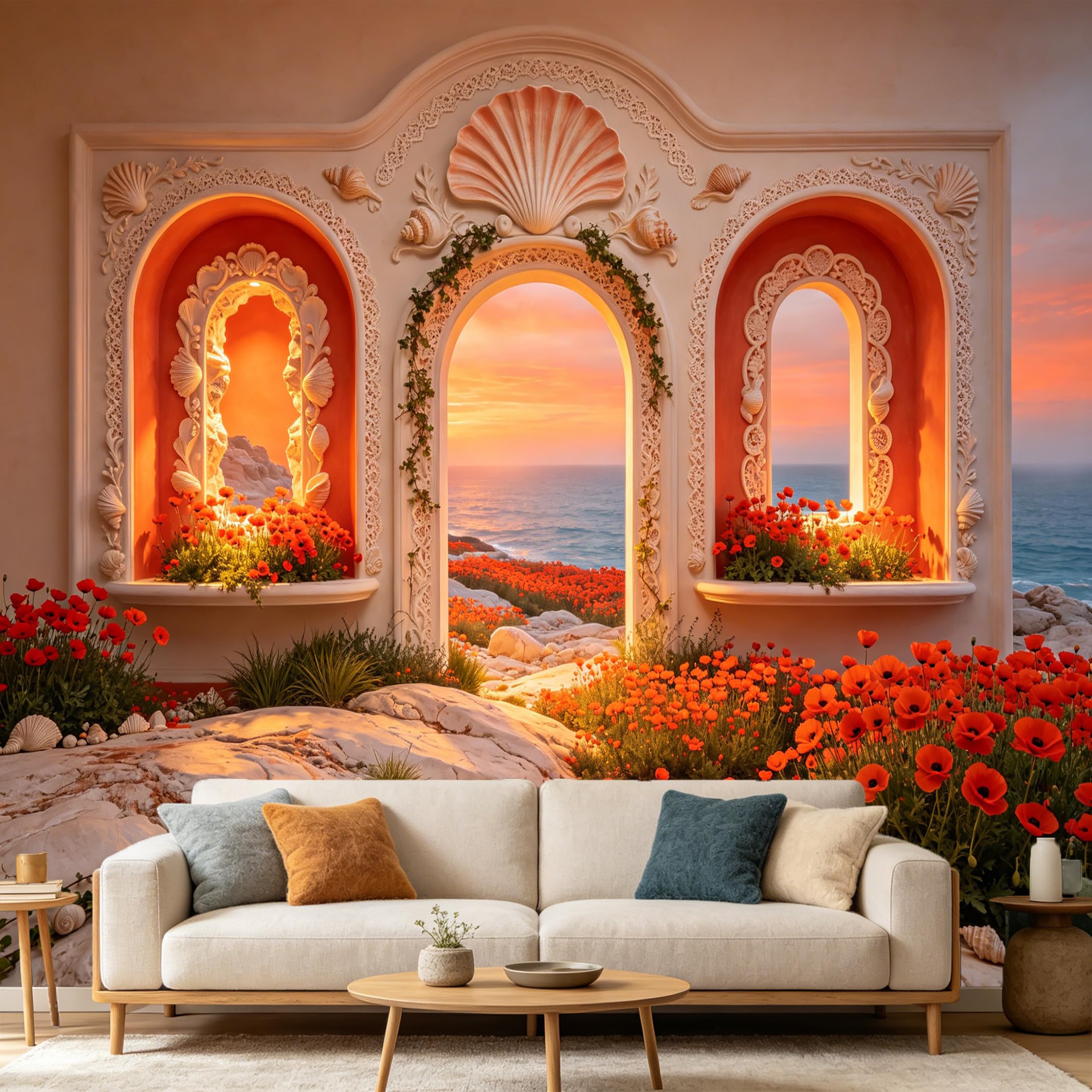 Custom Size Wall Mural， Mediterranean Sea Sunset Coastal Archway Floral Landscape， SelfAdhesive Art Prints wall Fabric Removable Large Wallpaper Home Living Room Decor