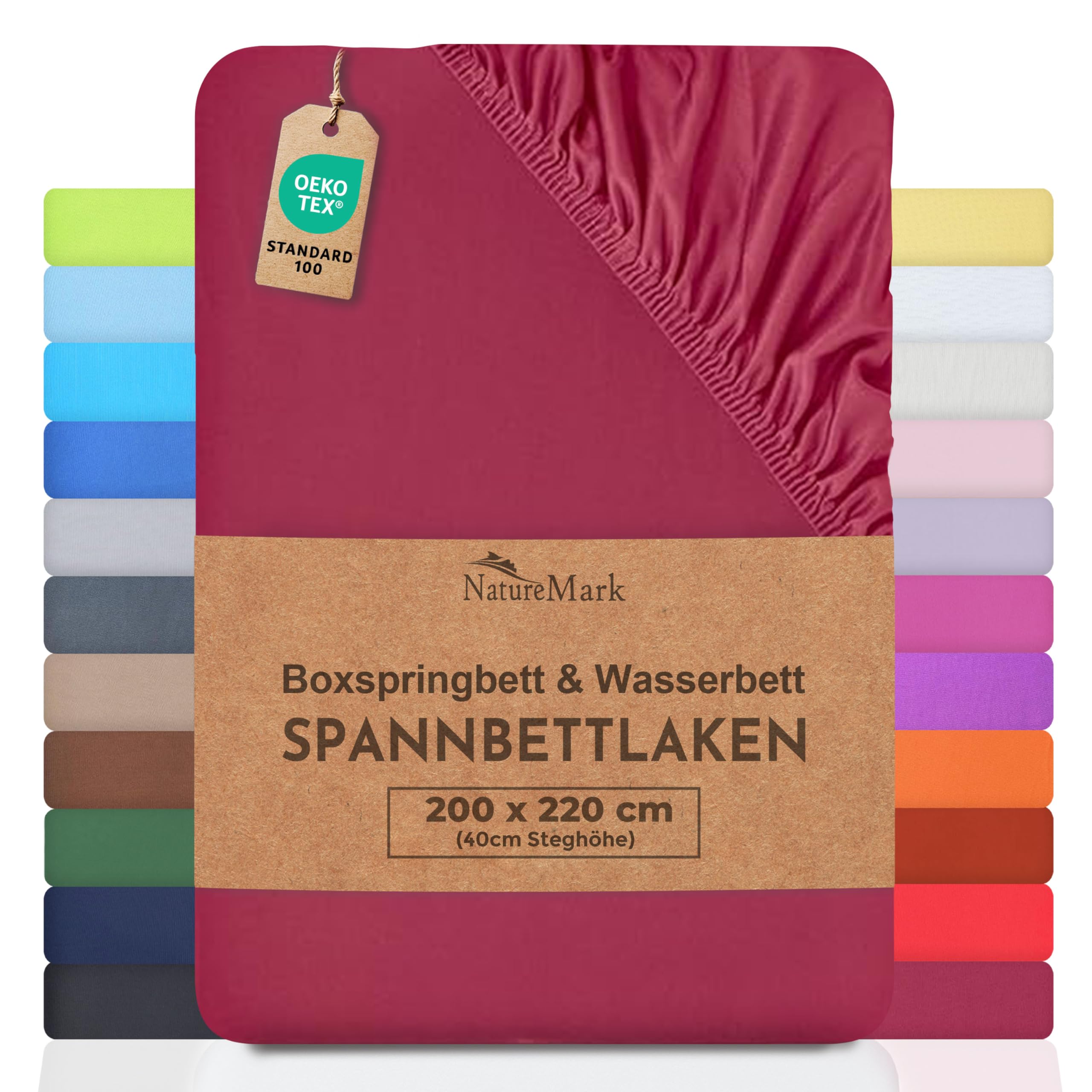 NatureMark Basic Boxspringbett & Wasserbett Spannbettlaken 200 x 220 cm - 40 cm Steghöhe - 200x220cm Spannbetttuch - 100% Baumwolle, Bordeaux rot