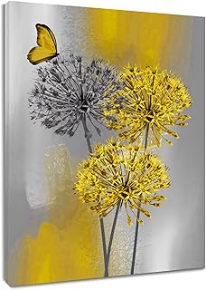 LB Yellow Dandelion Canvas Wall Art Yellow Grey Dandelion with Butterfly...