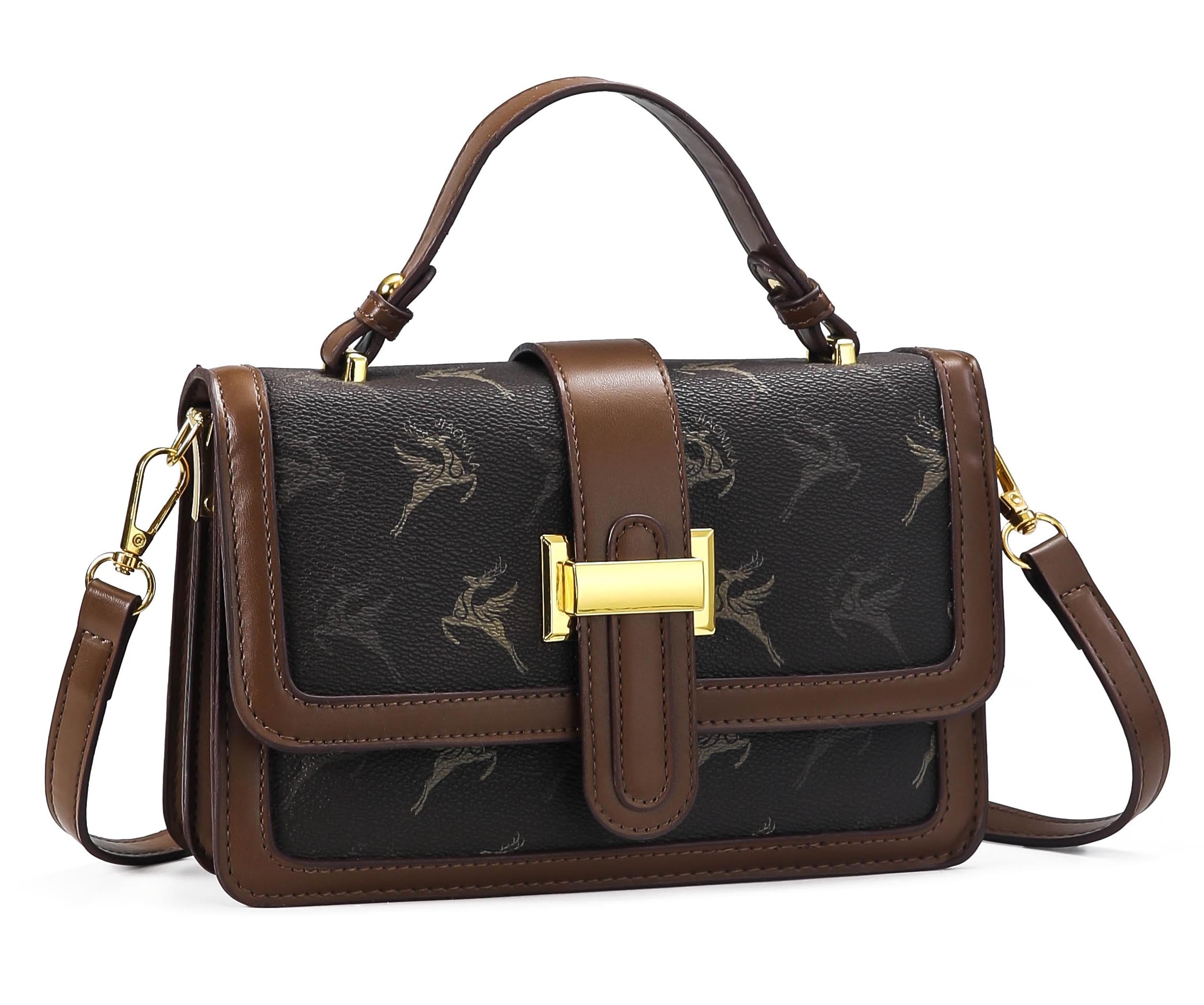 Women's Brown Monogram Print Crossbody Handbag with Top Handle-image-28