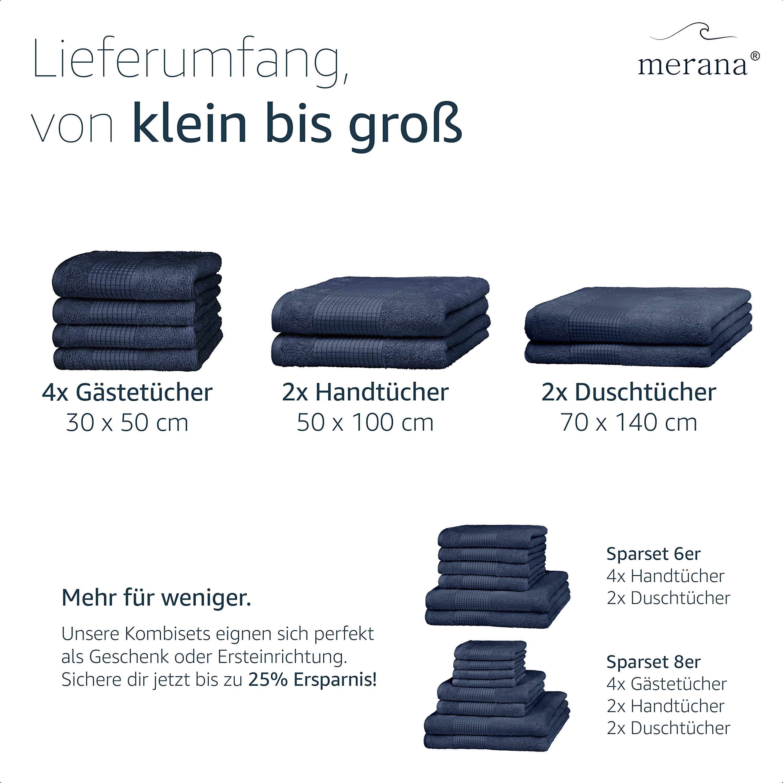 Merana Rome Handtuch Set | saugstark, weich und fusselfrei | Frottier Luxus Qualität | 100% Baumwolle | Oeko-TEX | 590 GSM (Pacific Blue, 8er Sparset | 4 Gästetuch, 2 Handtuch, 2 Duschtuch)