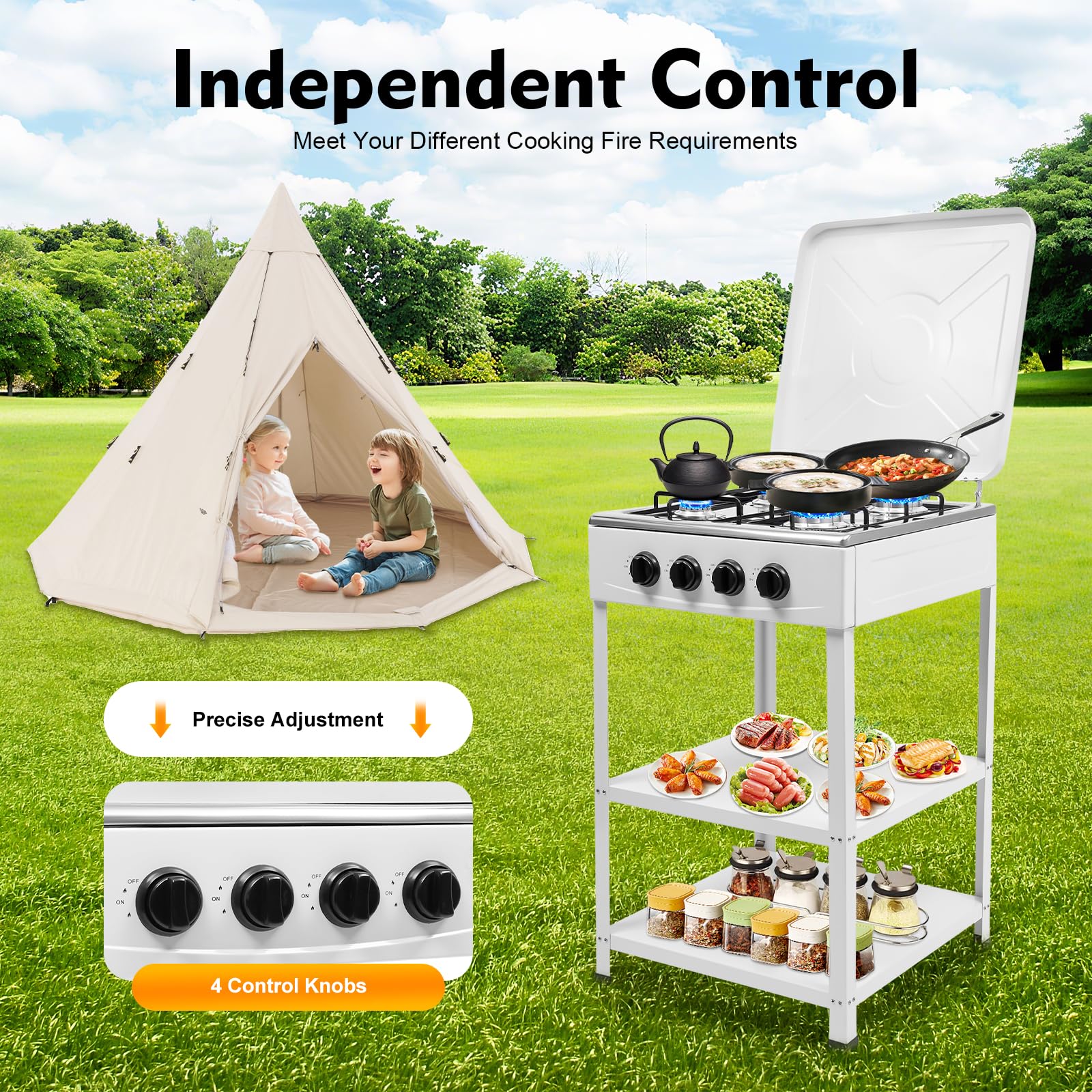 Fornello a gas autoportante, 49 x 49 x 79 cm, 4 fuochi, piano cottura a gas, fornello da campeggio con 4 fuochi, ripiani per campeggio, outdoor, camper, bianco