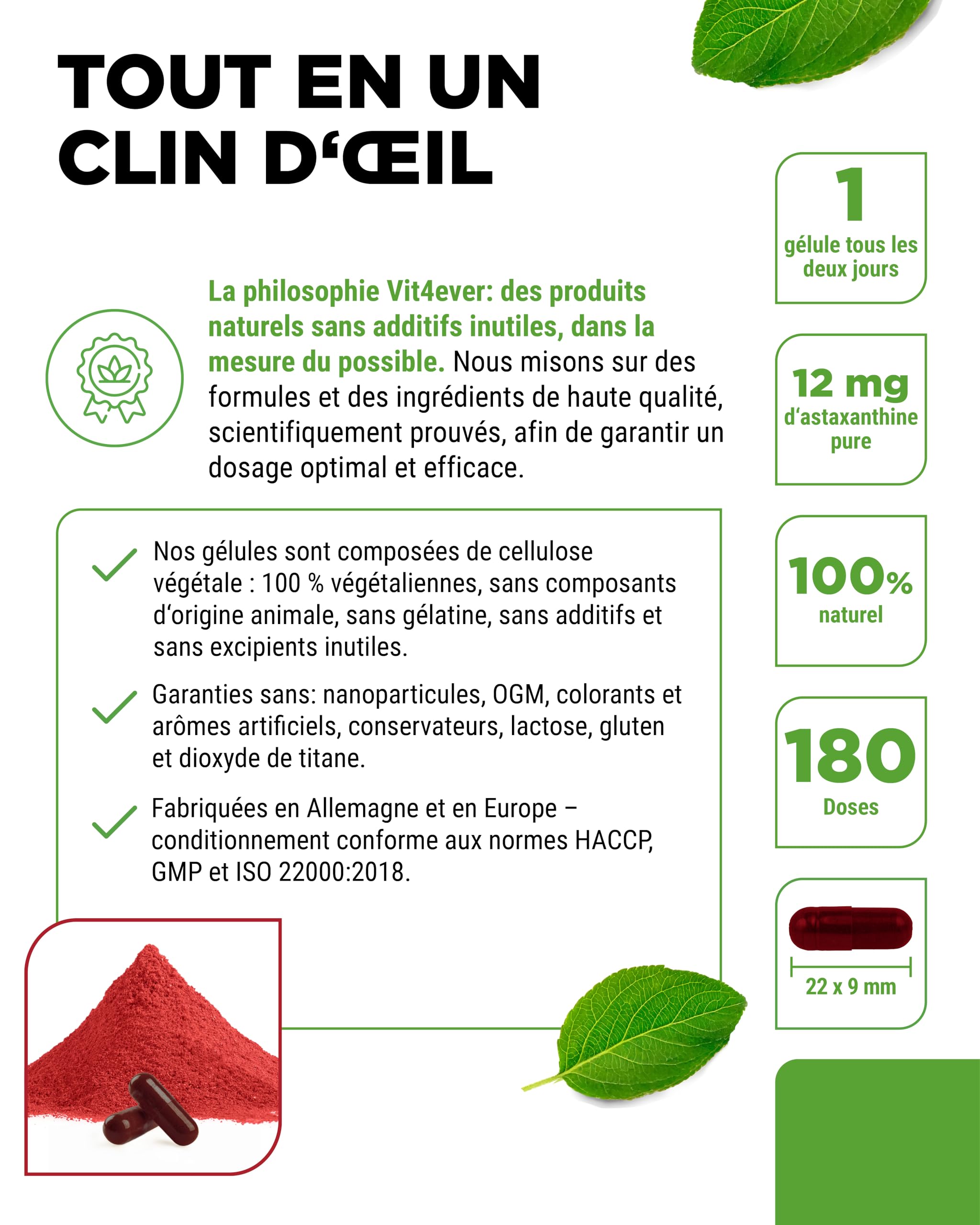 vit4ever Astaxanthine 12 mg AstaGuard® - 90 Gélules Vegan - Hautement Dosé - Réserve de 6 Mois - Oléorésine Premium de Haematococcus pluvialis