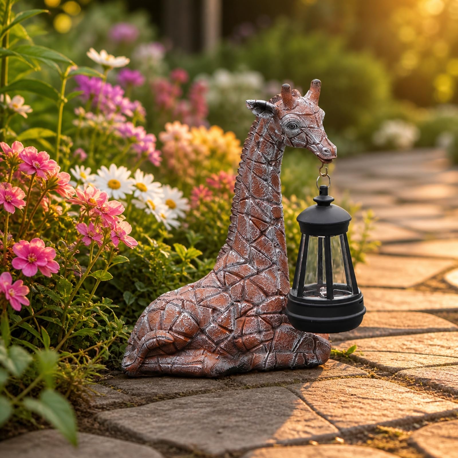 KESOTO Lanterna Paesaggistica con Motivo di Giraffa in Resina con Finitura Imitazione Pietra E Dettagli Traforati per Luce Notturna Adatta per Terrazza Giardino E Sentiero, Stile B