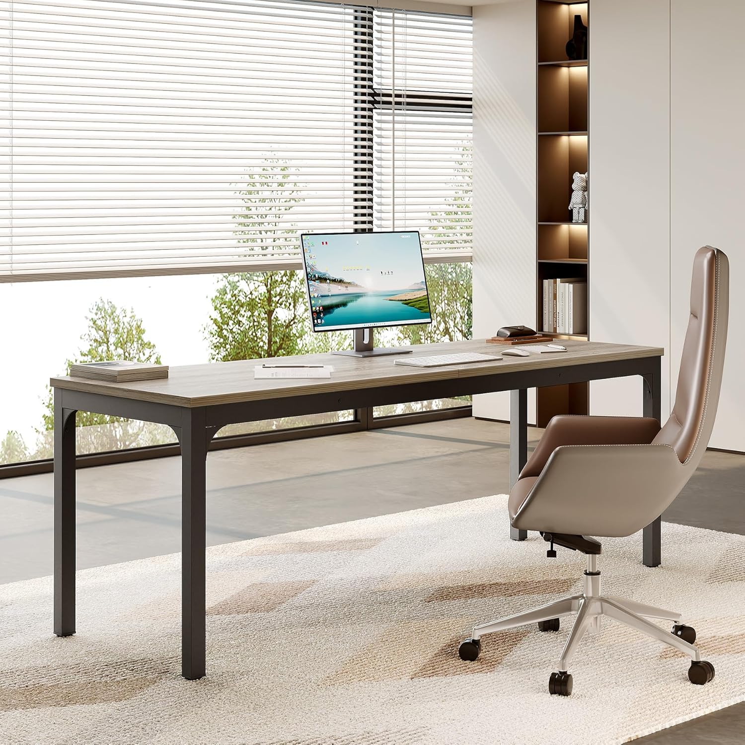 LITTLE TREE 78.7-Inch Ultra Long Double Desk, Writing Gaming Work Computer Two-Person Desk for Home Office, Grey + Black