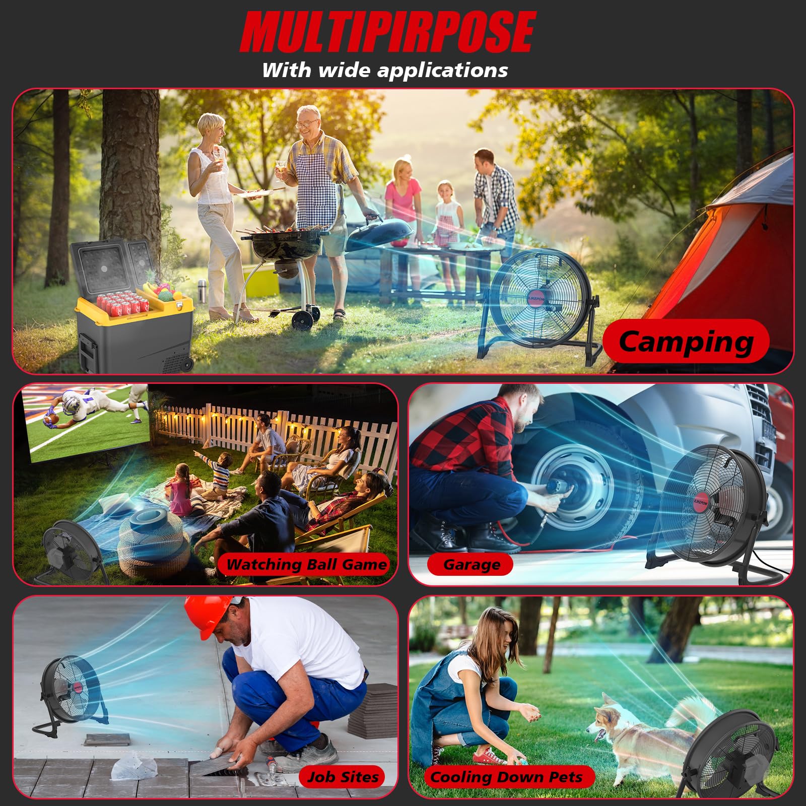 Ventilador de Suelo compatible con Batería Milwaukee 18V M18, 12 Pulgadas, Inalámbrico, Silencioso, Alimentado por Red, USB, Velocidad Regulable para Obra, Taller, Camping (sin batería)
