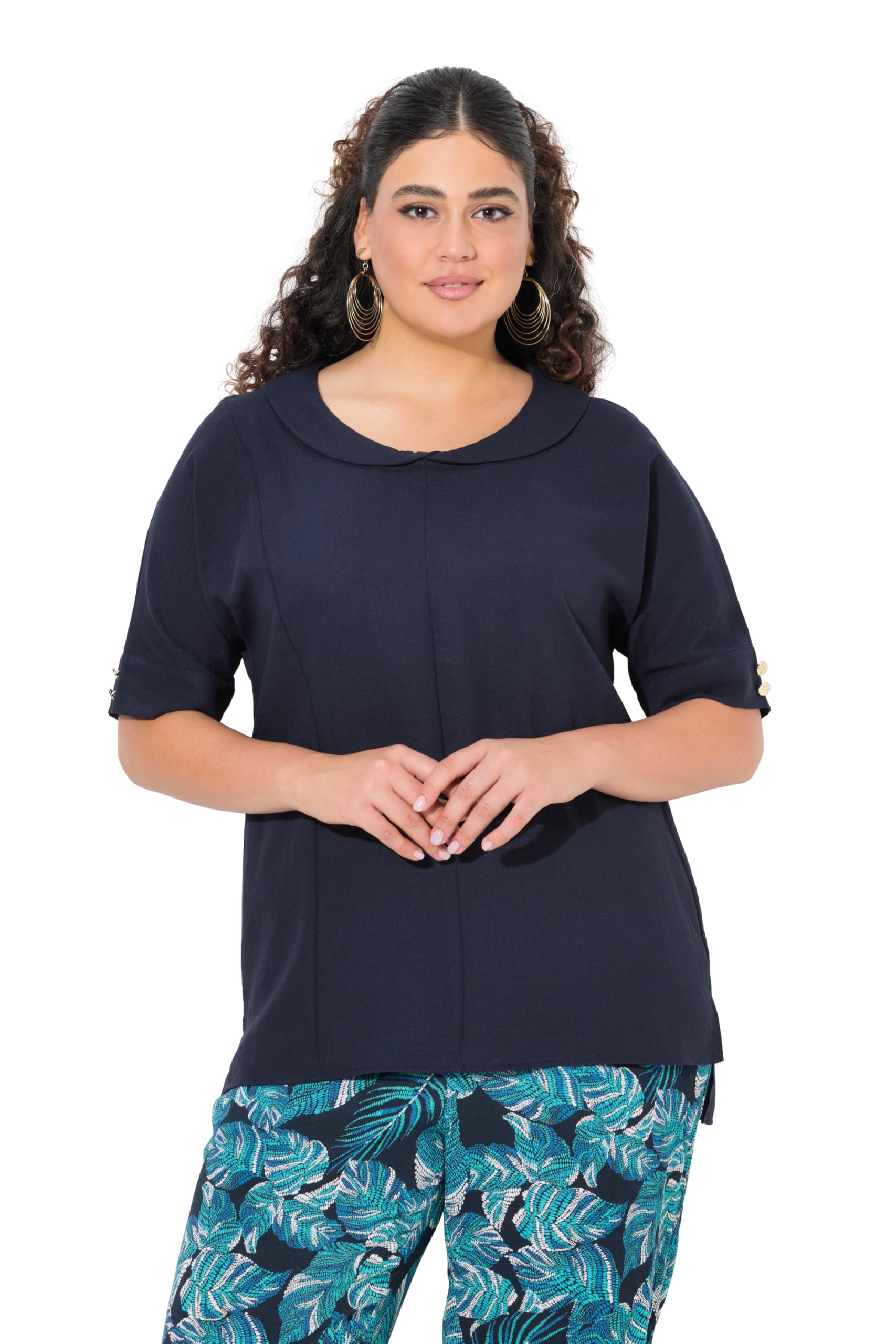 Ulla Popken Damen große Größen Übergrößen Plus Size Bluse, Leinenoptik, Oversized, Tellerkragen, Halbarm 838550