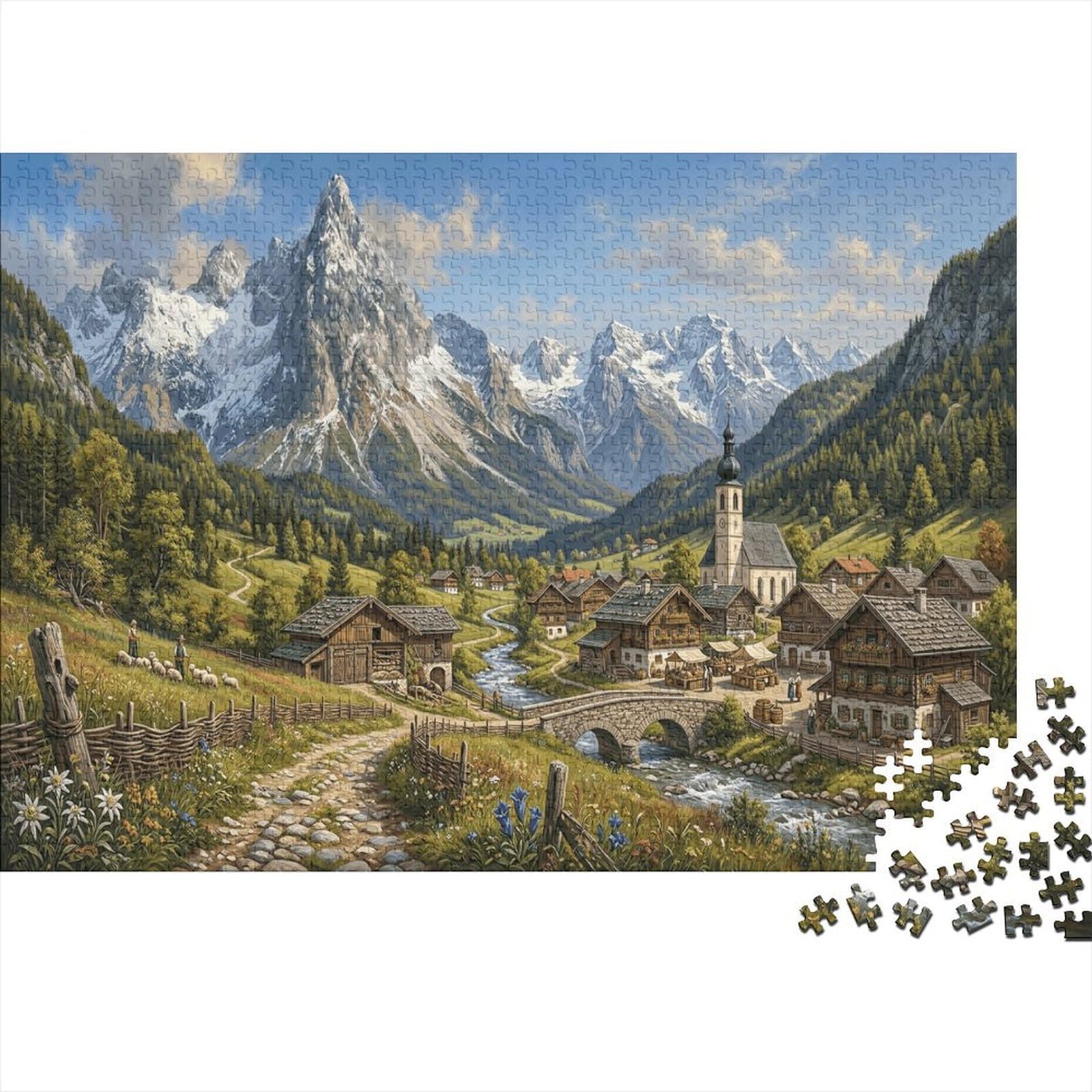 Alpine Village 1000 Piece Jigsaw Snow-capped Mountains As A Birthday Present Mental Relaxation Home Display for Adult Stress Relief Seekers 52x38cm/1000pcs