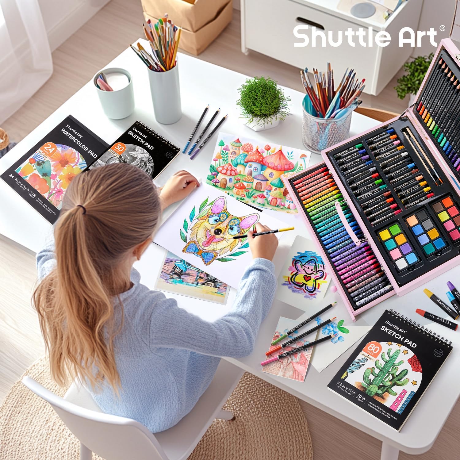 Shuttle Art 149 Piece Deluxe Art Set, Art Supplies in Wooden Case, Painting Drawing Art Kit with Crayons Colored Pencils Oil Pastels Coloring Book Sketch Pad for Kids Adults