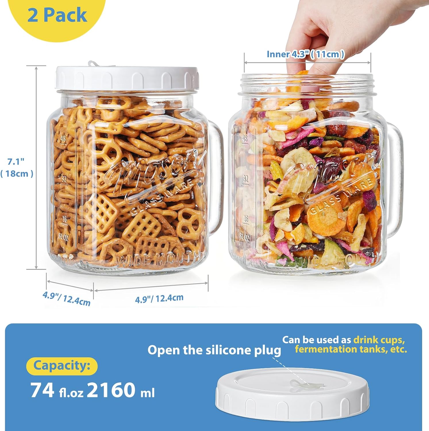 2 pack glass wide mouth mason jars, 74 oz large mason jars with handles for sealing, glass jars for food storage, overnight oats, dry food, snacks, candies, diy projects