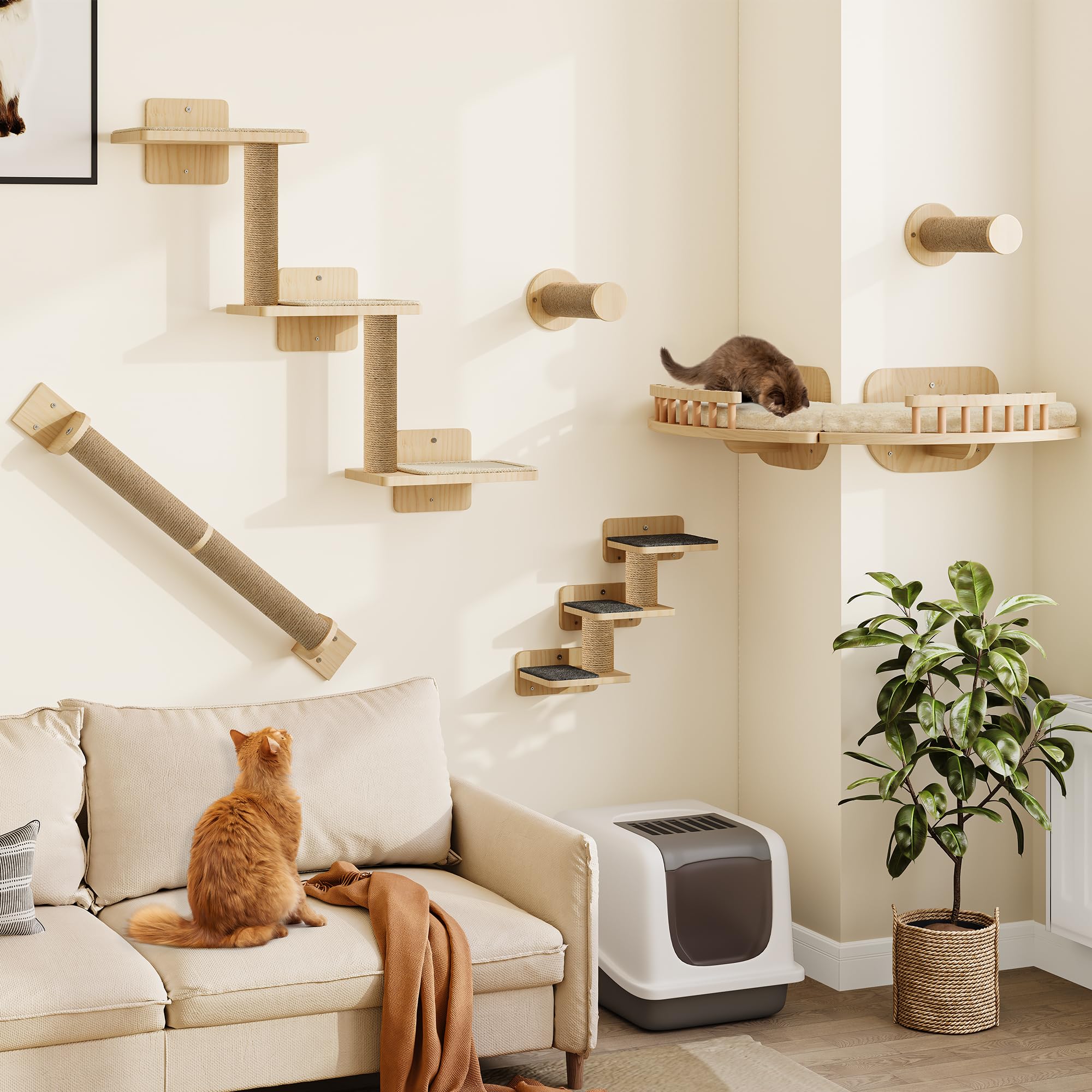 YITAHOME Set di 7 mobili per gatti in legno, con 3 tiragraffi, 2 piattaforme angolari, 2 scale per gatti, per dormire, giocare, lounge