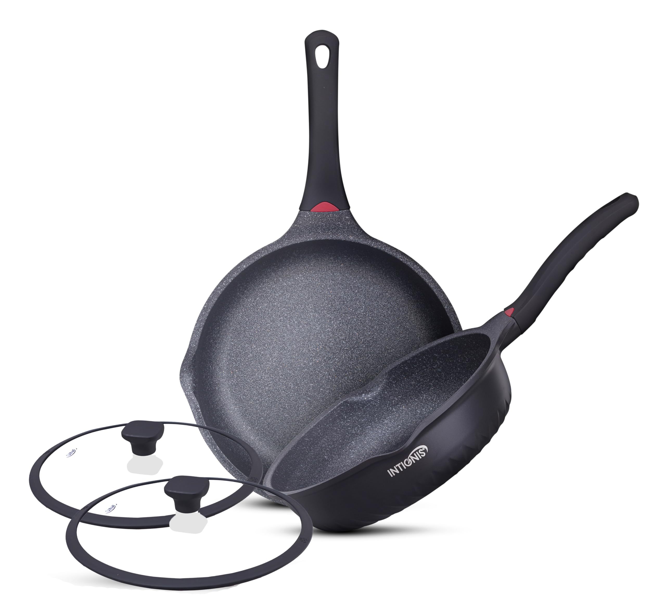 10-Teiliges Antihaft-Kochgeschirr-Set – Tiefe Bratpfannen-Sets mit GREBLON® Keramikbeschichtung, Induktionsgeeignet, Kratzfestes Aluminium, Küchenutensilien (schwarz, 28/24 CM) | GREBLON-Keramikbeschichtung, induktionskochfeldsicher, leicht zu reinigen, l