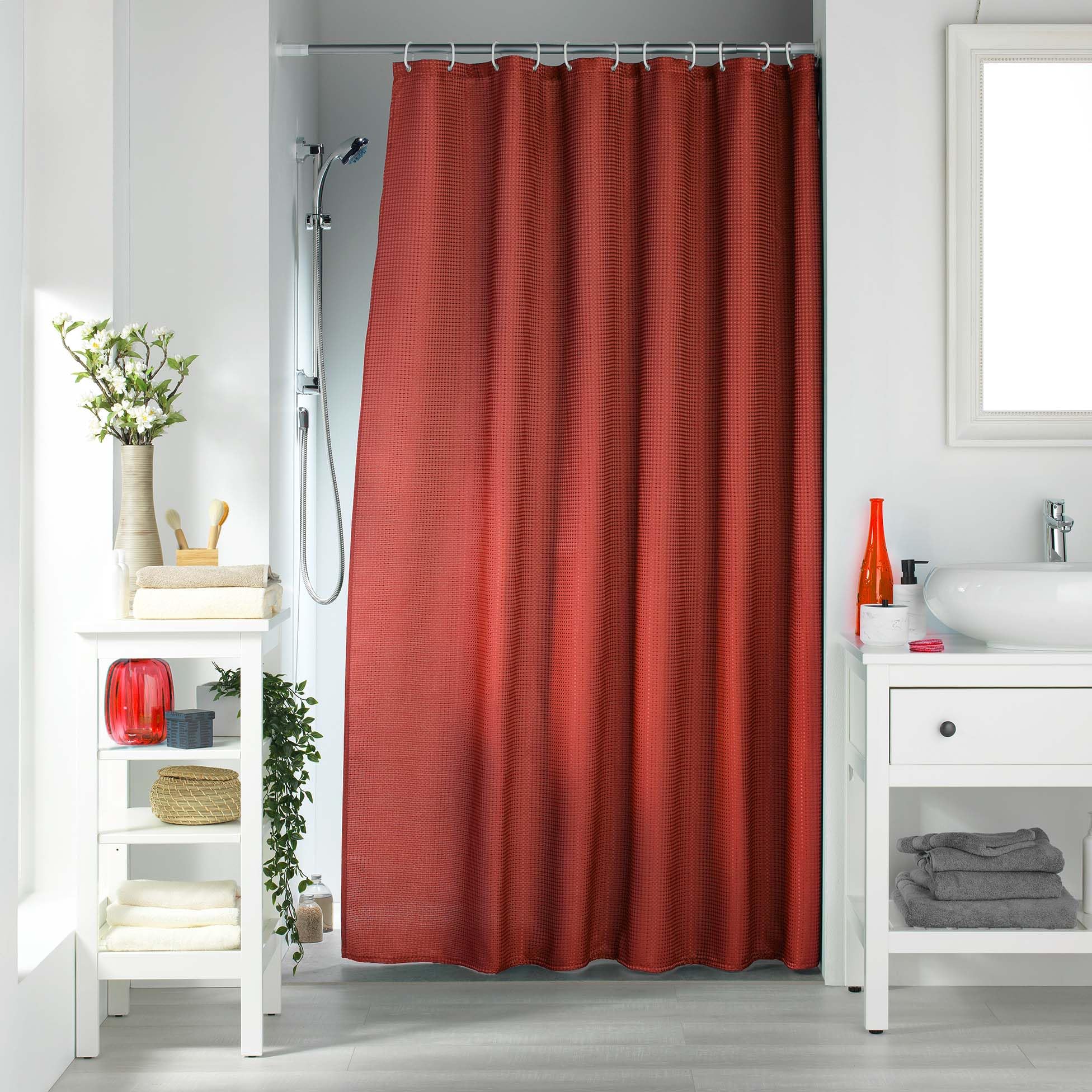 Douceur d'Intérieur, Rideau de Douche avec Crochets (180 x 200 cm) Quartz Terracotta, Jacquard Uni (Lot de 4)