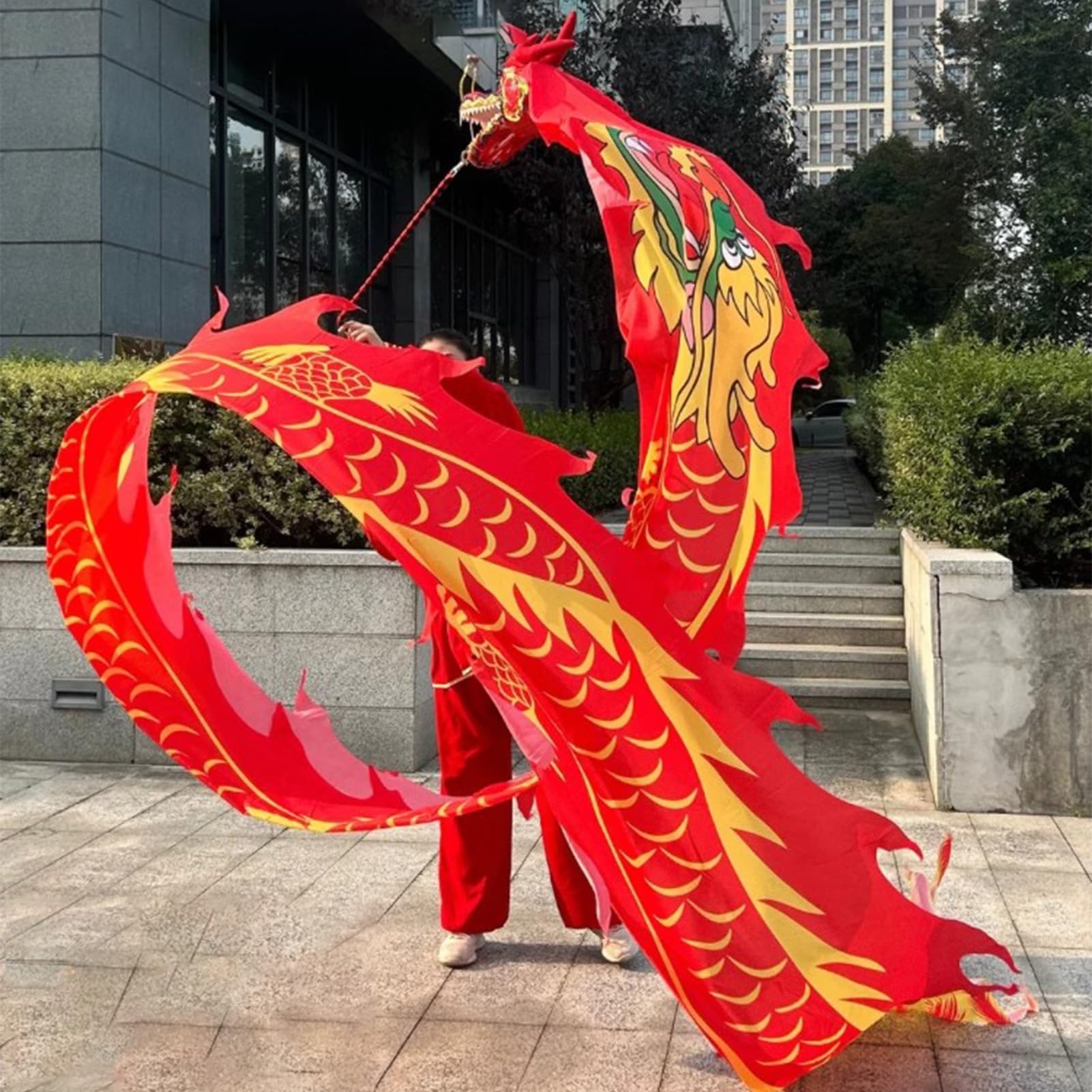 Dragon Poi Silk Dragon Poi Juggling Sets, Chinese Red Ribbon Dancer for Fitness Exercise, Flinging Dragon Scales Kite with Head & Swing Rope, 8m/ 26ft Long