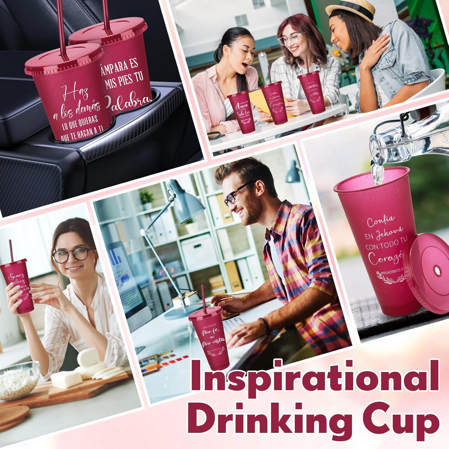 Funnymoom 24 Packs Christian Gift Bulk Inspirational Spanish Bible Verse Cup Gift Mother Day 24oz Religious Plastic Tumbler with Lid Straw for Church (Wine Red)