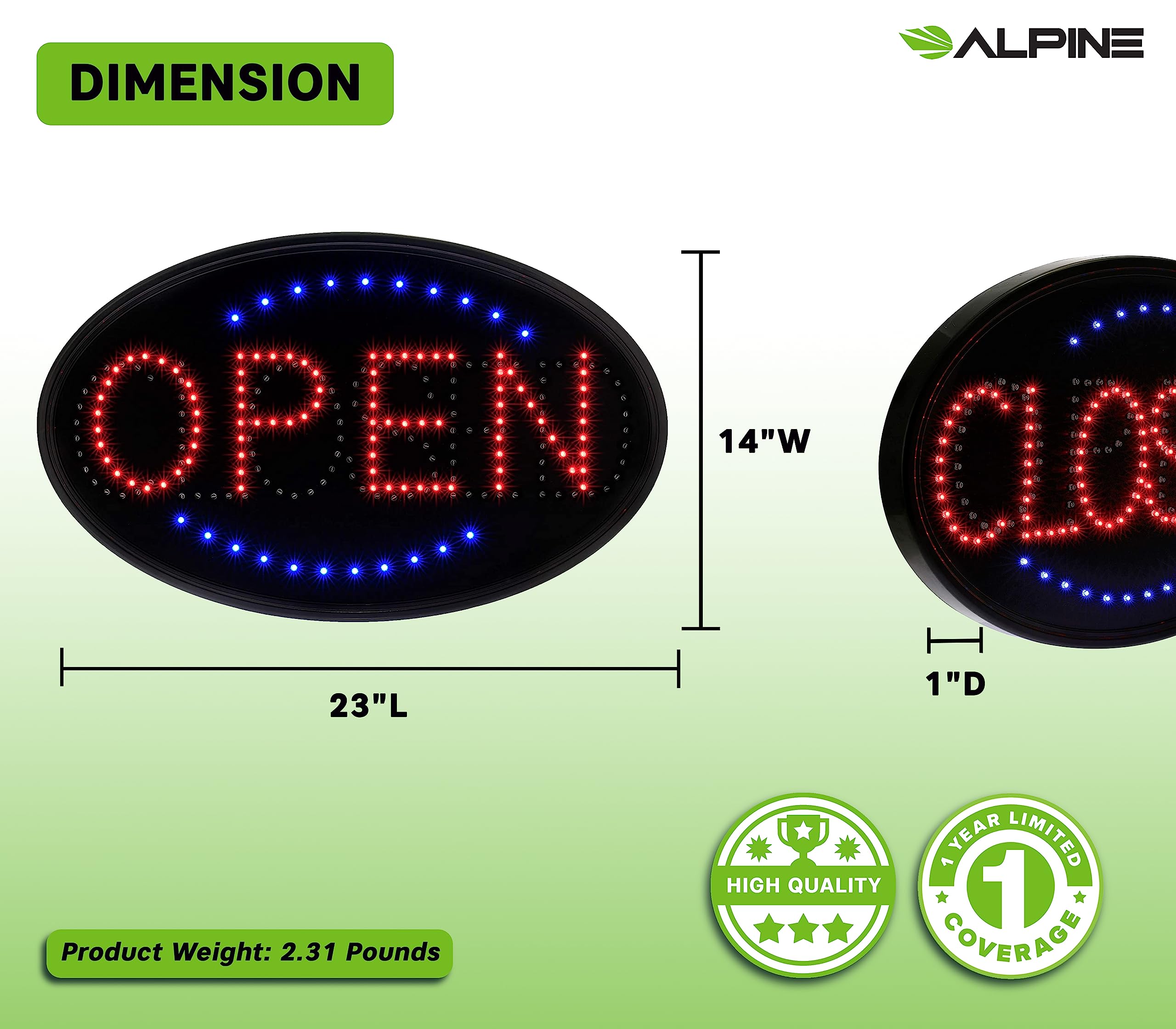 Alpine Industries LED Open/Closed Sign, Oval 23” x 14