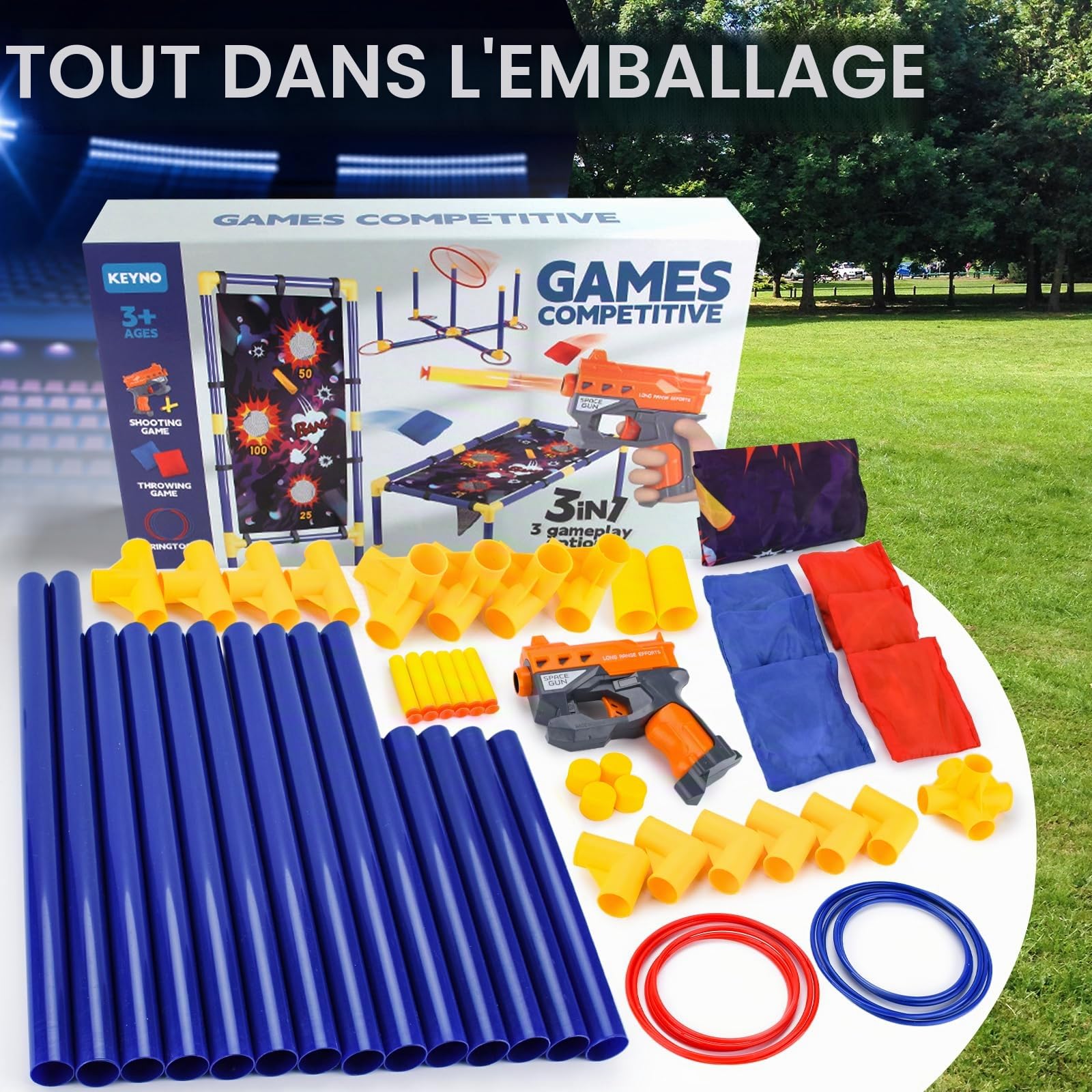 JOYBOY Jeux de Tir 6-12 Ans, 3 en 1 Bean Bag Toss Shooting Ring Toss | Jouets pour Jardin Extérieur et Intérieur — Cadeau Fête des Enfants et Anniversaires, Jeu Complet