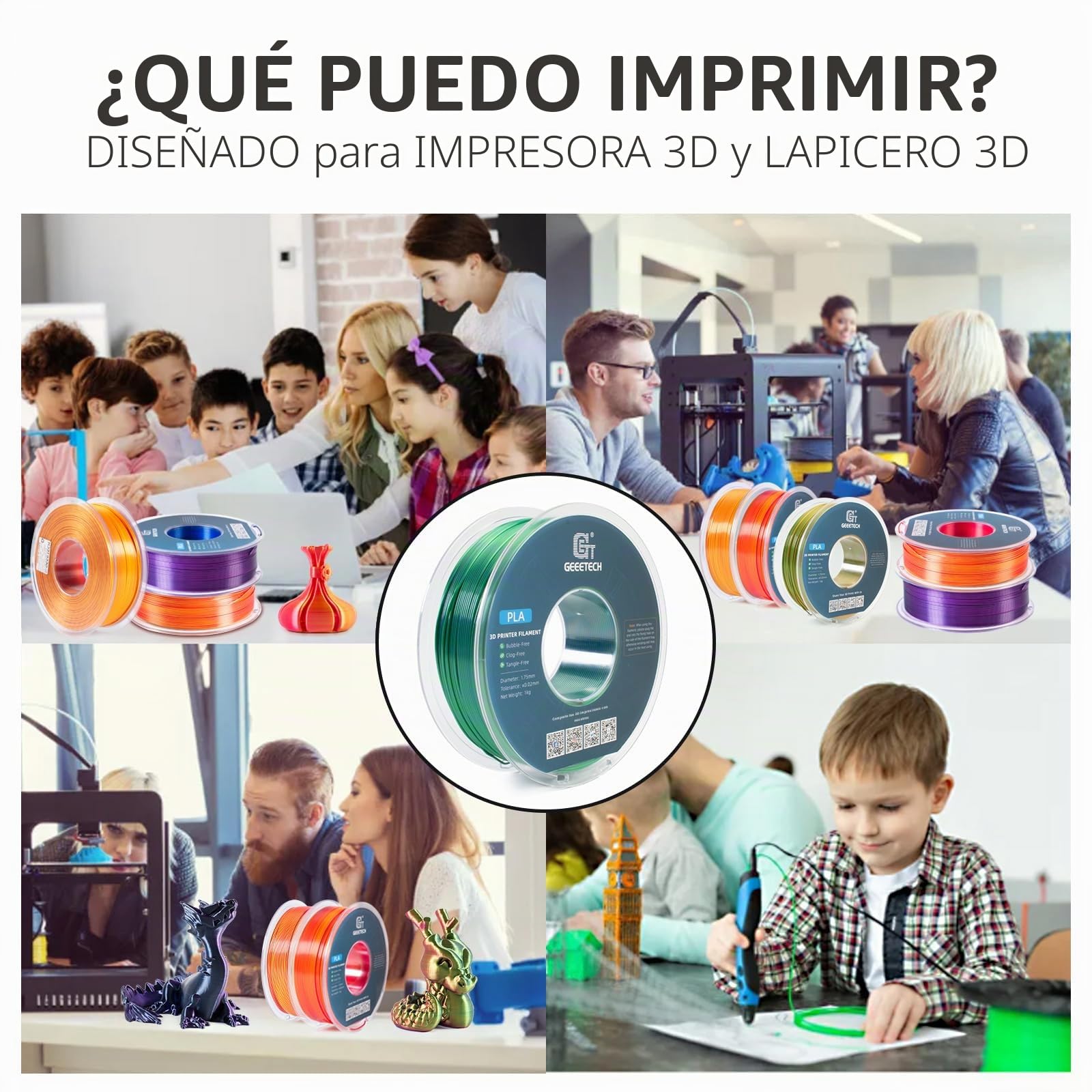 GEEETECH Filamento PLA de seda Doble, 1,75 mm, filamento para impresora 3D, 1kg por Carrete, 2 Rollos，Azul/Verde x2
