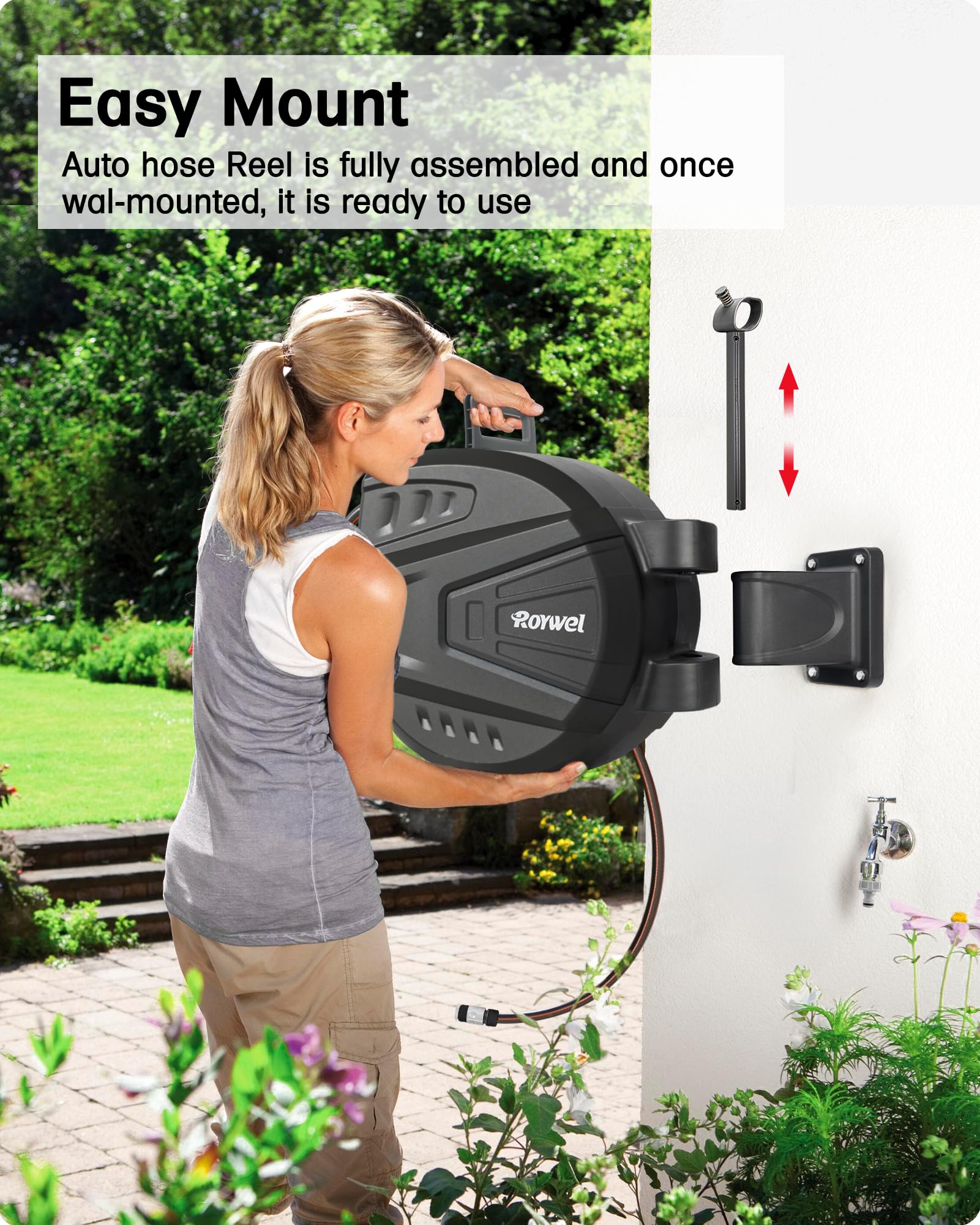 Manguera de jardín con carrete automático de 20 m, carrete de manguera montado en la pared, rebobinado automático, sistema de autobloqueo, pivotante de 180° con boquilla de pulverización