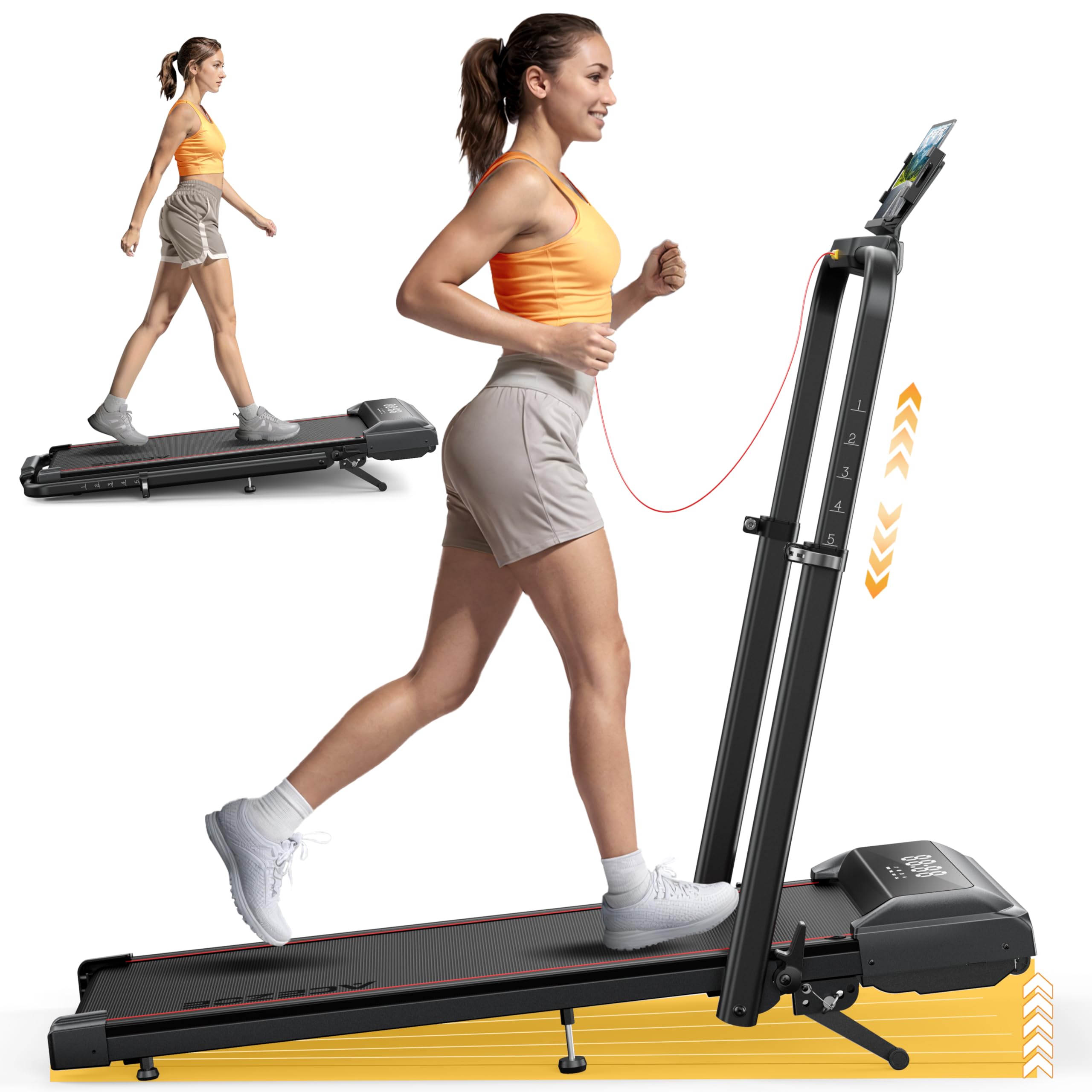Walking Pad Treadmill with Incline, 2 in 1 Foldable Treadmills for Home Small Office, 300lbs Portable Compact Under Desk Treadmill with App, Remote Control and LED Display PRO-Red