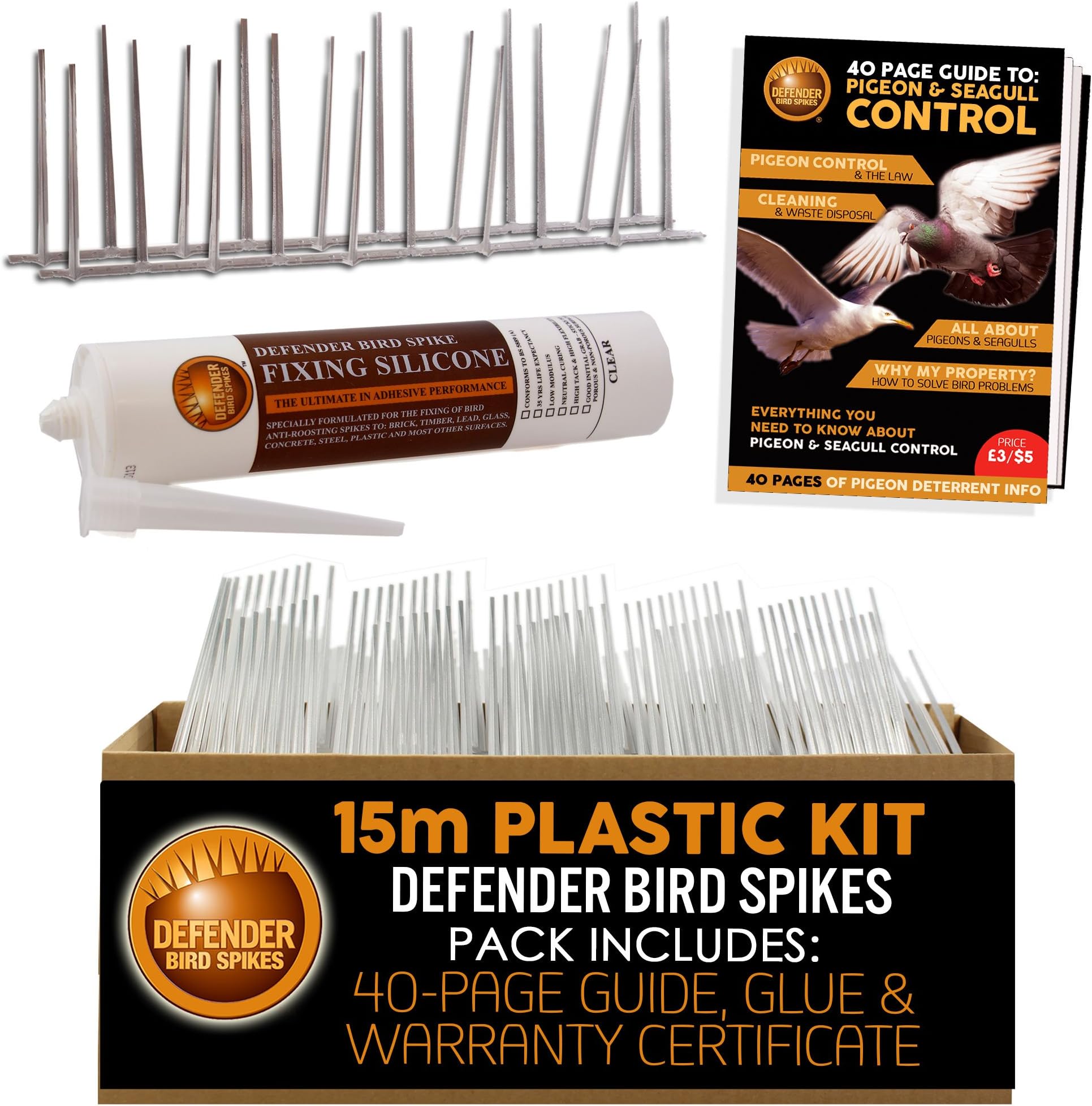 Defender Plastic Bird Spikes Pack | 15 m with Glue | Bird Control Guide | Various Size Packs
