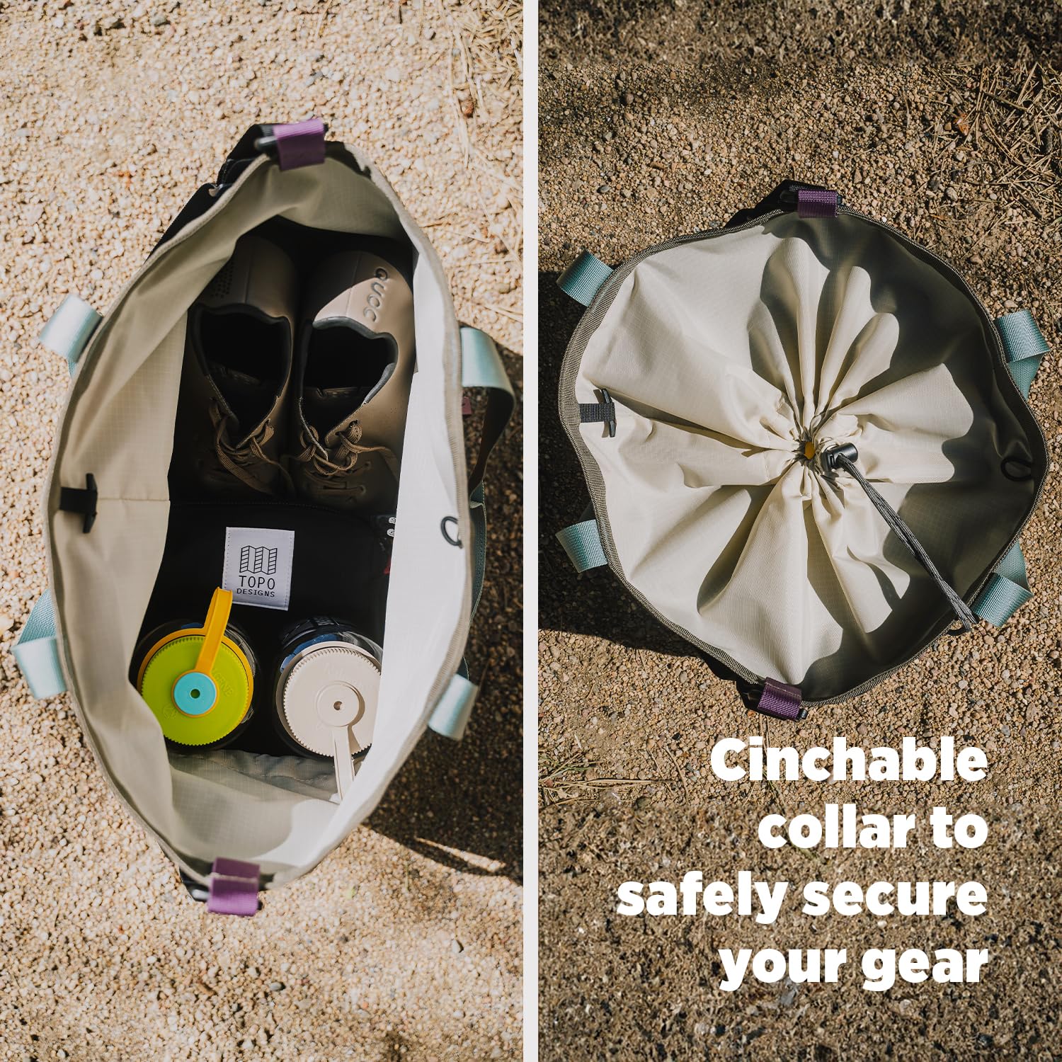 Topo Designs Mountain Utility Tote, Grab + Go Bag, abnehmbarer Schultergurt, Cinch-Top, Gänseblümchen-Kette zum Anklipsen, Fair Trade