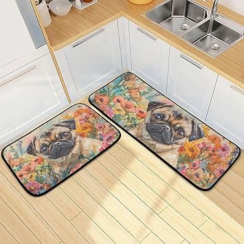 Pug Garden Colors Cute Kitchen Mats for Floor, 2-Piece Non-Slip Washable Kitchen Rugs for Home & Office - Ideal for Sink, Laundry & Bathroom Use - Sizes 19.7 x 47.2 & 19.7 x 27.6