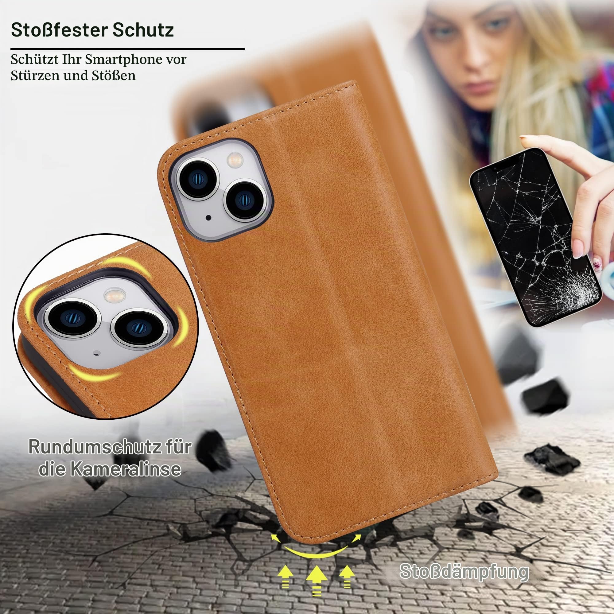 VISOUL Hülle für iPhone 15, Schutzhülle Echt Leder Schützt vor Stoß Kartenfach Magnetverschluss Stand klappbar handyhülle Handytasche Etui Case Gelb