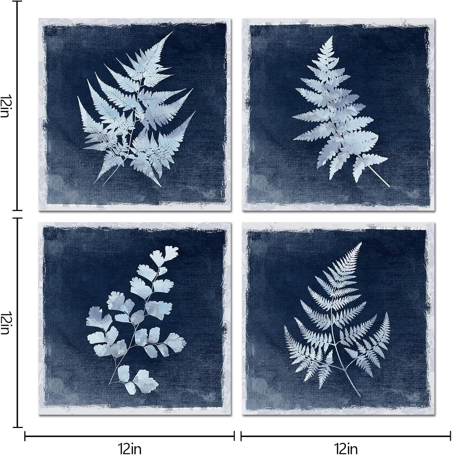 HOMEOART Navy Blue Plant Pictures Wall Art Bathroom Decor Fern Painting Canvas Prints Botanical Wall Art Framed Living Room Kitchen Dining Room Decor 12 x 12 Inch x 4 Panels