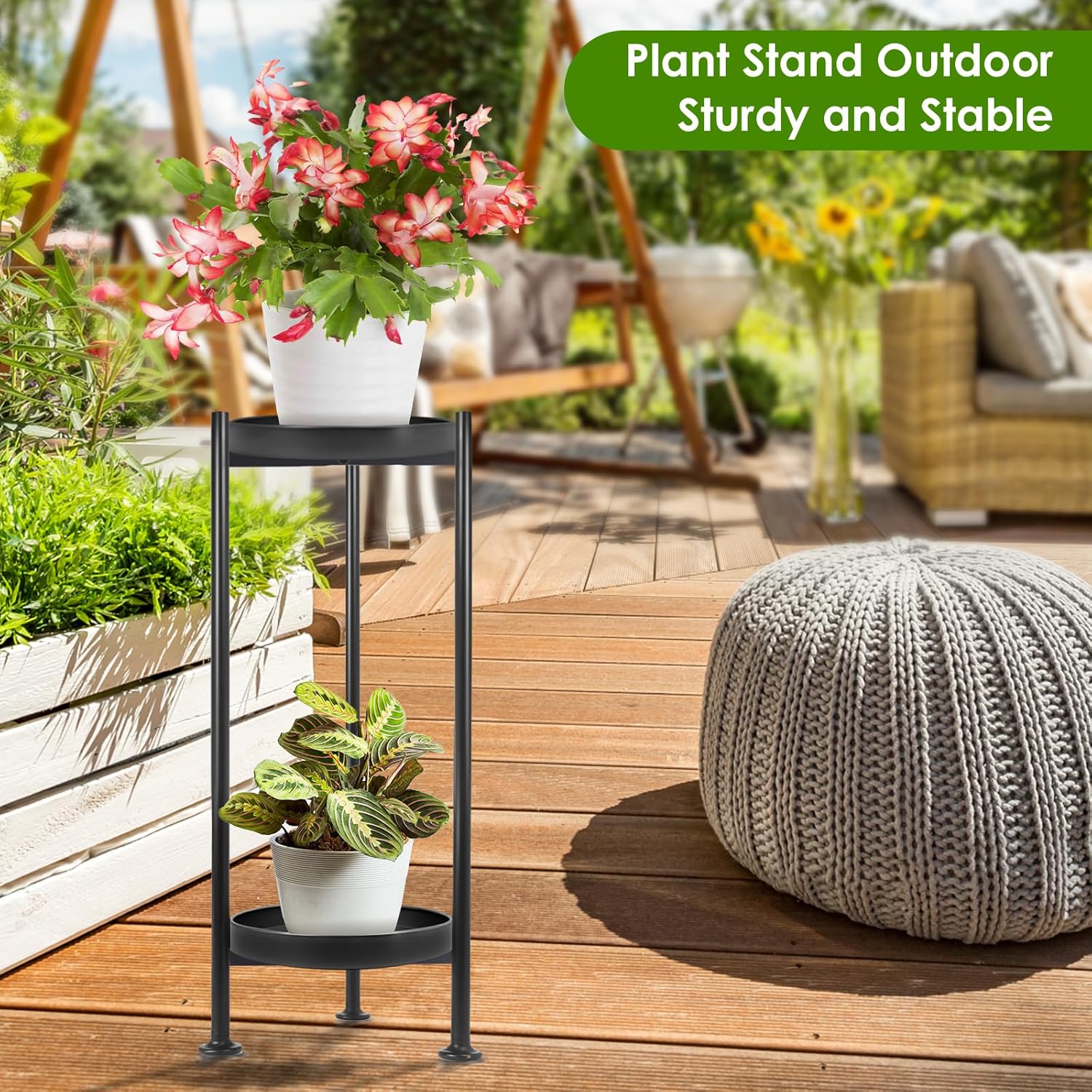 2-Pack Plant Stand Indoor Outdoor, 2 Tier Iron Plant Stand, 30'' Tall Pedestal Stand Outdoor, Metal Flower Stands for Indoor Plants, Balcony, Living Room (Black)