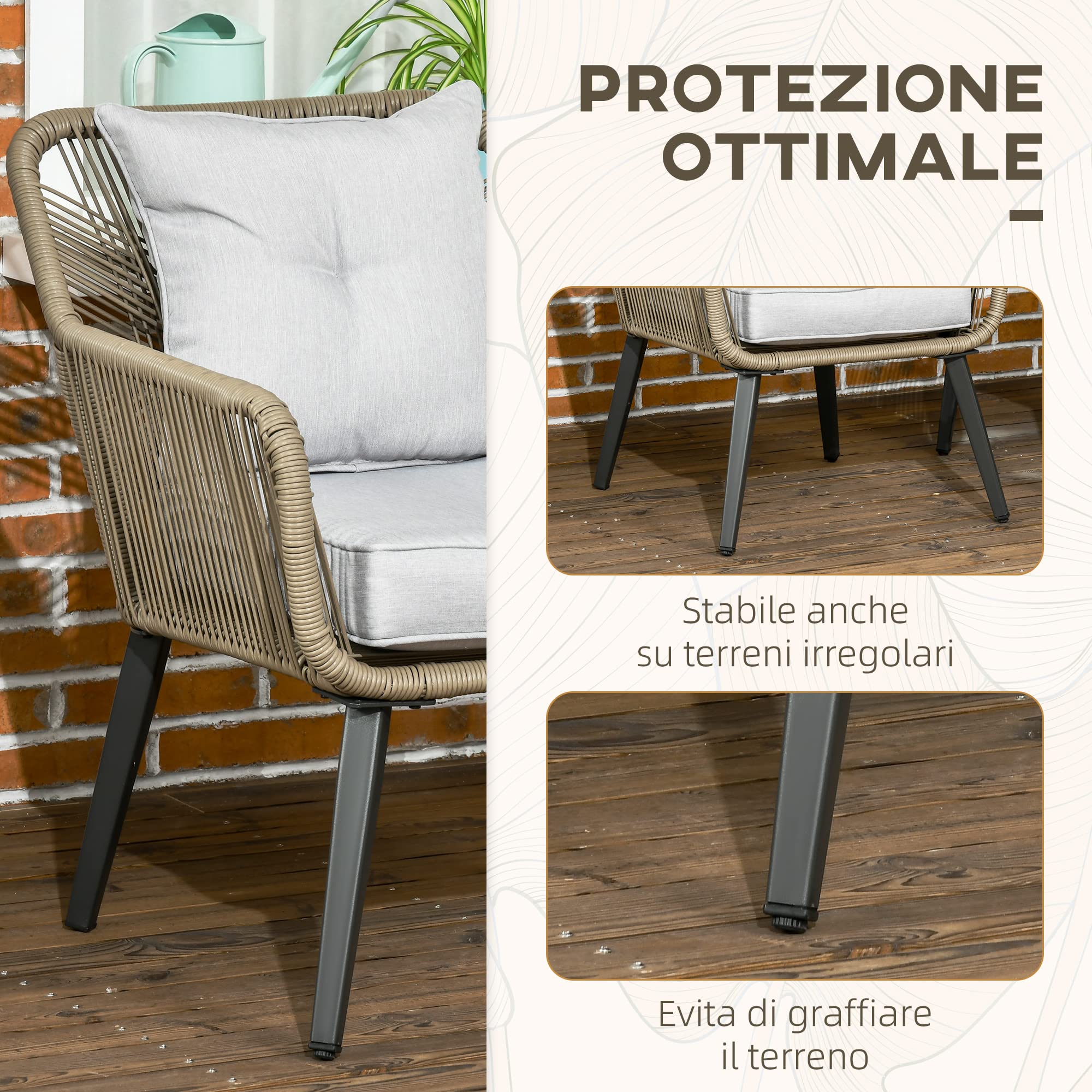 Outsunny Set Tavolino e Sedie da Giardino 3 Pezzi in Rattan PE e Acciaio con 2 Sedie Moderne e 1 Tavolino da Caffè, Grigio