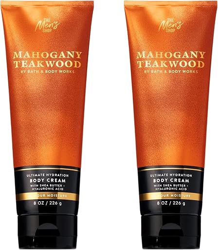 Bath & Body Works Men’s Body Cream, Mahogany Teakwood Scent, Ultimate Hydration Moisturizer with Shea Butter & Hyaluronic Acid for Dry Skin, Warm Woodsy & Masculine Scent, 8 oz - 2 Pack