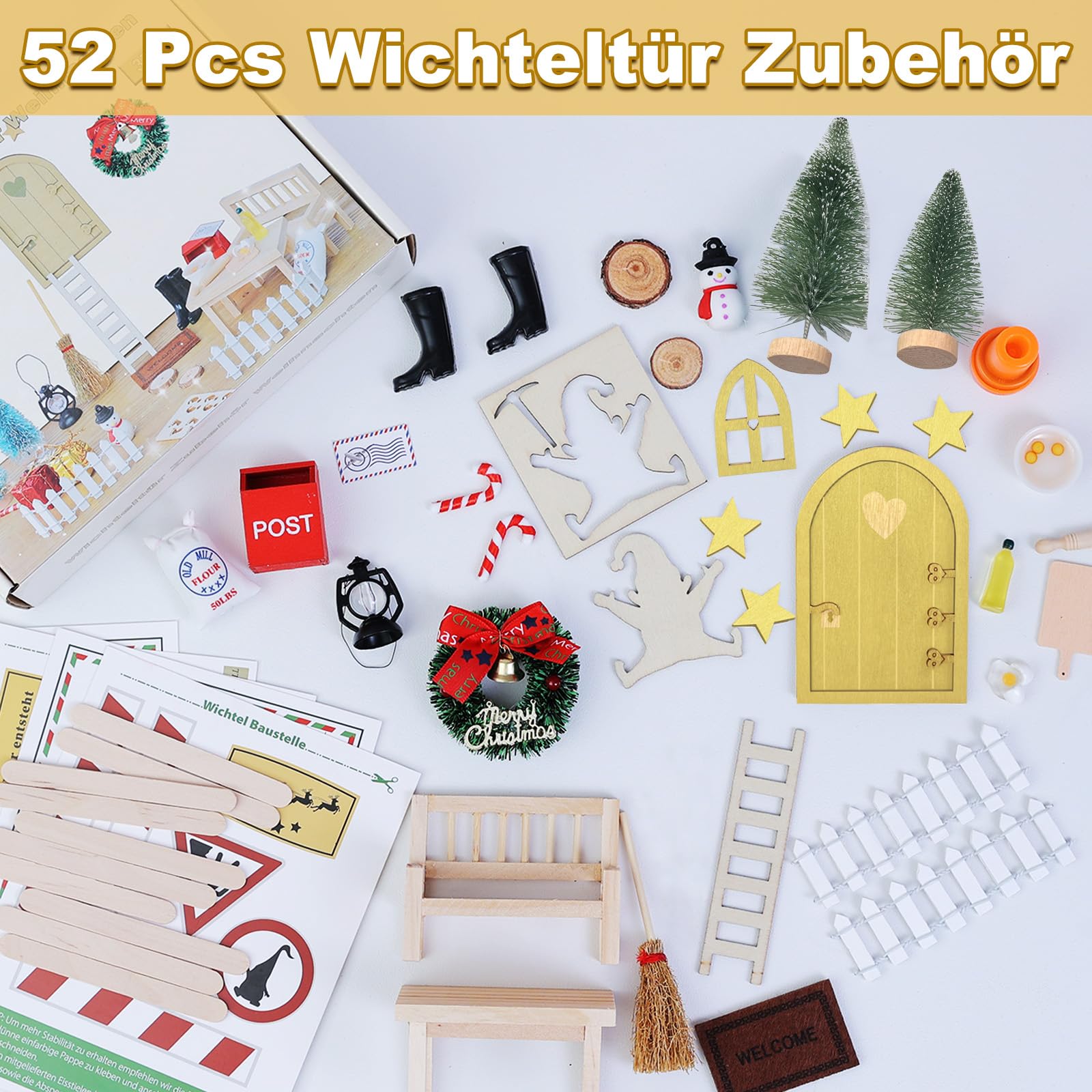 52 szt. akcesoria do drzwi skrzatów, Boże Narodzenie, skrzat bożonarodzeniowy, miniaturowe drzwi elfów, dekoracja bożonarodzeniowa, kompletny zestaw z bałwanem, wieniec bożonarodzeniowy, akcesoria