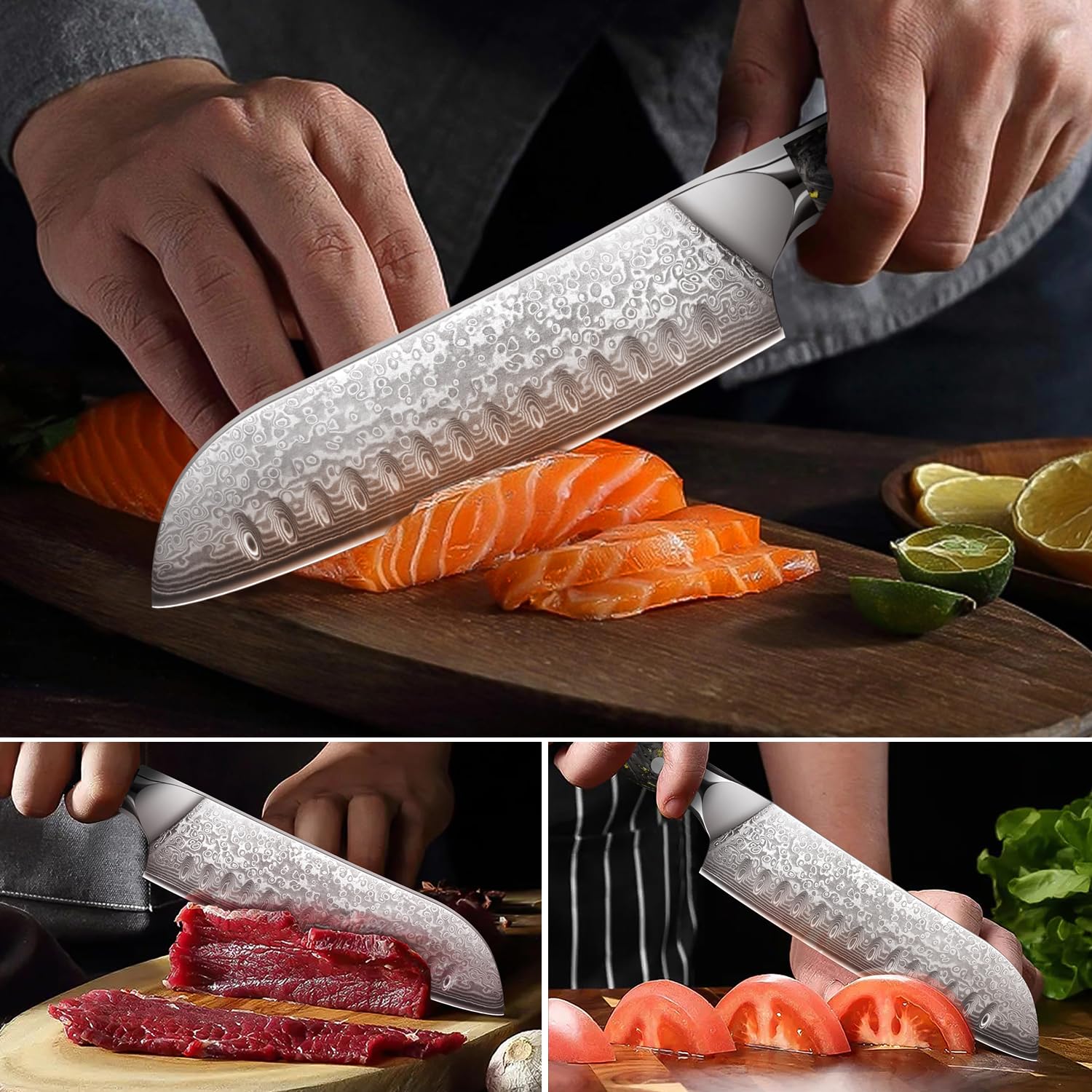Damascato Coltello da Santoku, Coltello Damasco in 67 Strati di Acciaio Damascato VG-10, Coltello da Cucina Professionale 17.8 cm Lunghezza Lama Extra Affilata, Manico Ergonomico in Resina