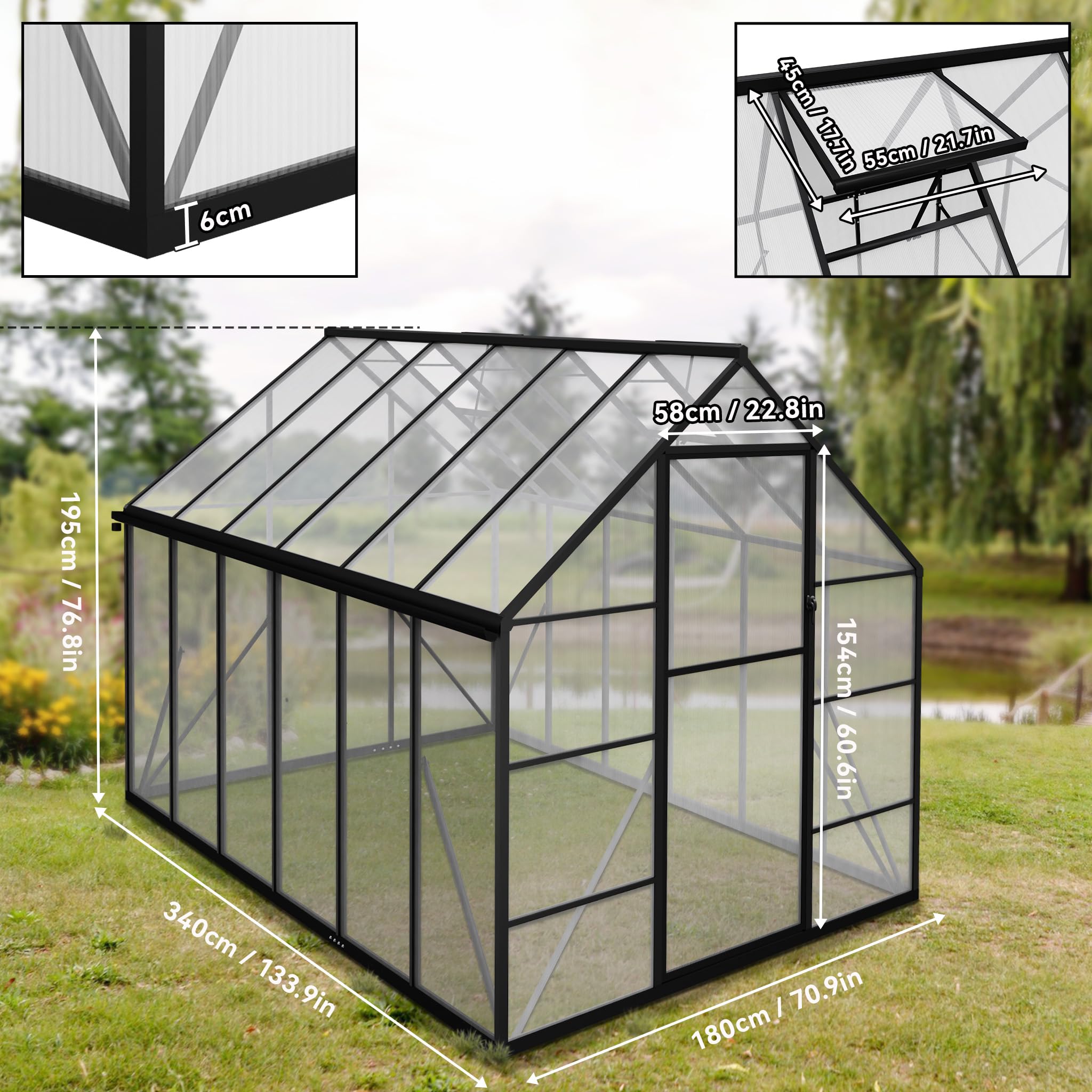 FIVMEN Invernadero de aluminio para jardín con base de 6 cm y placa de policarbonato de 4 mm, resistente a los rayos UV, resistente a la intemperie, para el jardín, 340 x 180 x 195 cm