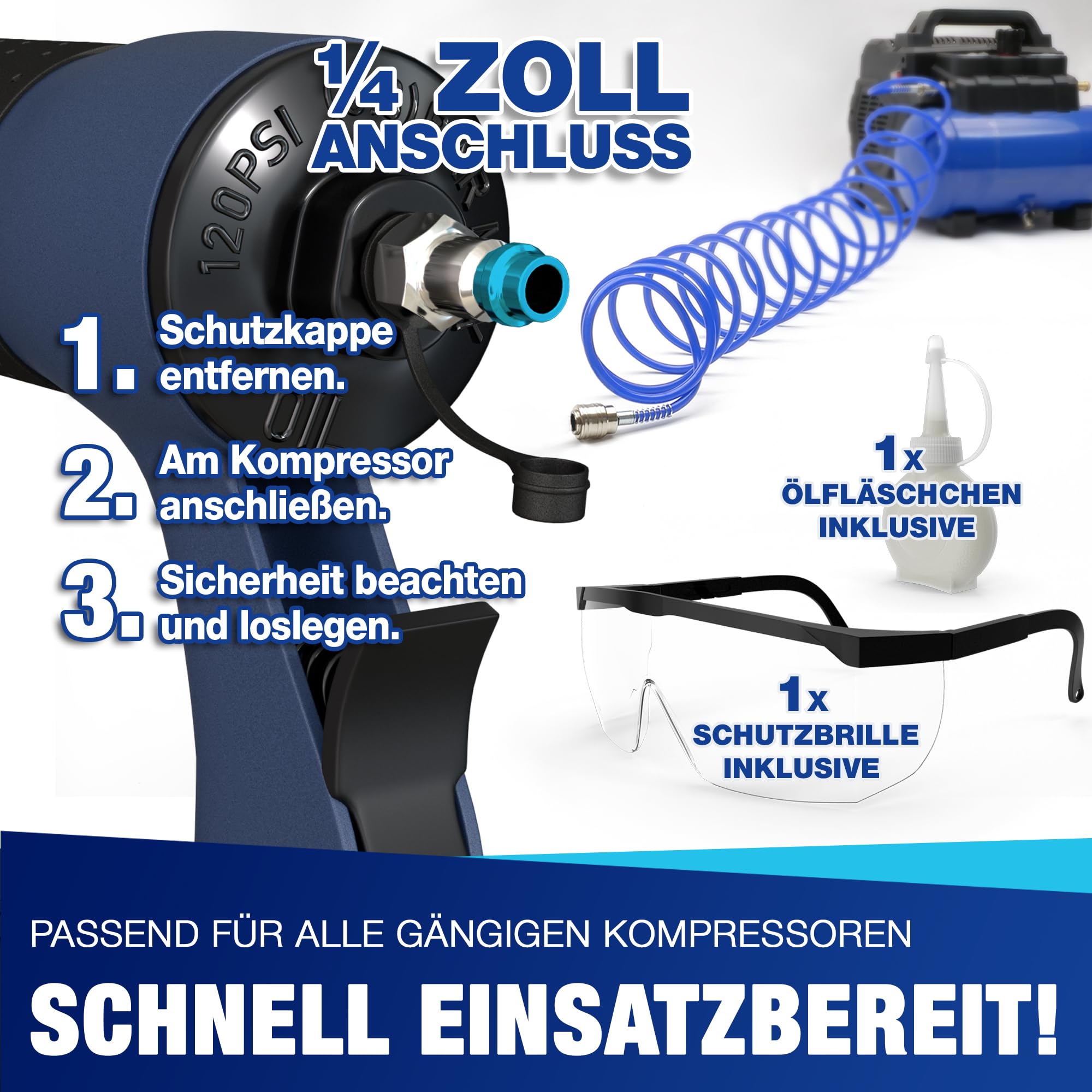 NTG Druckluft Nagler Nagelpistole Komplettset 1,1 kg 100 Stück Magazin 16-40 mm Tacker Klammergerät