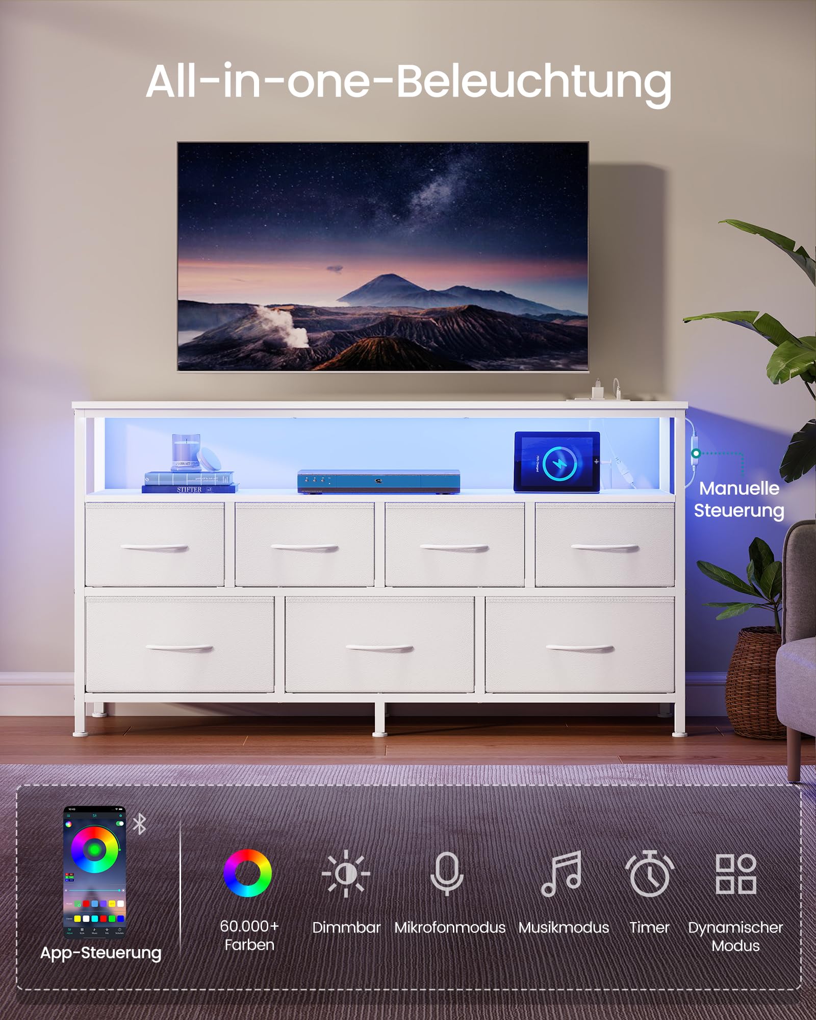 SONGMICS BELLAH Kollektion - Kommode, Schrank, App-gesteuerte LED-Beleuchtung, Sideboard mit Ladestation, 1 Ablage, 7 Schubladen, modern, wolkenweiß LGS733WH01