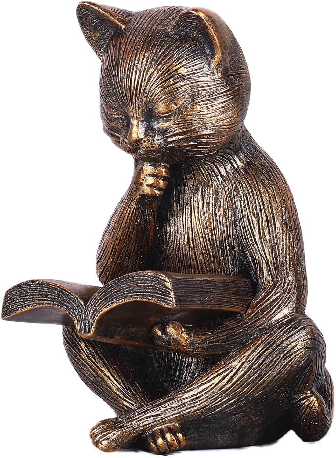 6.38in Thinker Cat Reading Statue - Vintage Library & Shelf Decor, Hand-Painted Antique Brass Resin Sculpture for Cat Lovers - Retro Desk Ornament & Home Decor Figurine