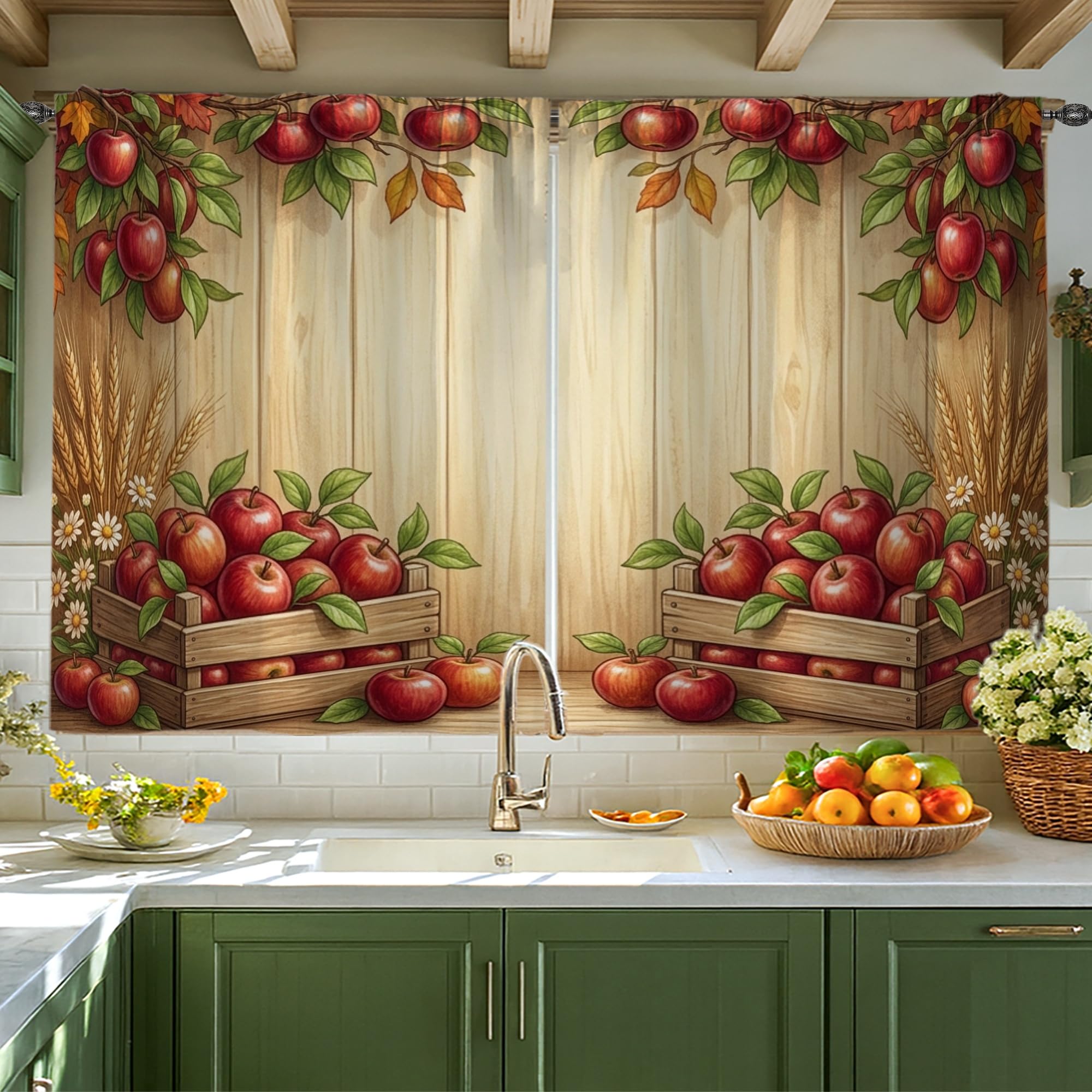 Rideaux rustiques rouge automne au style campagnard authentique pour fenêtres de cuisine