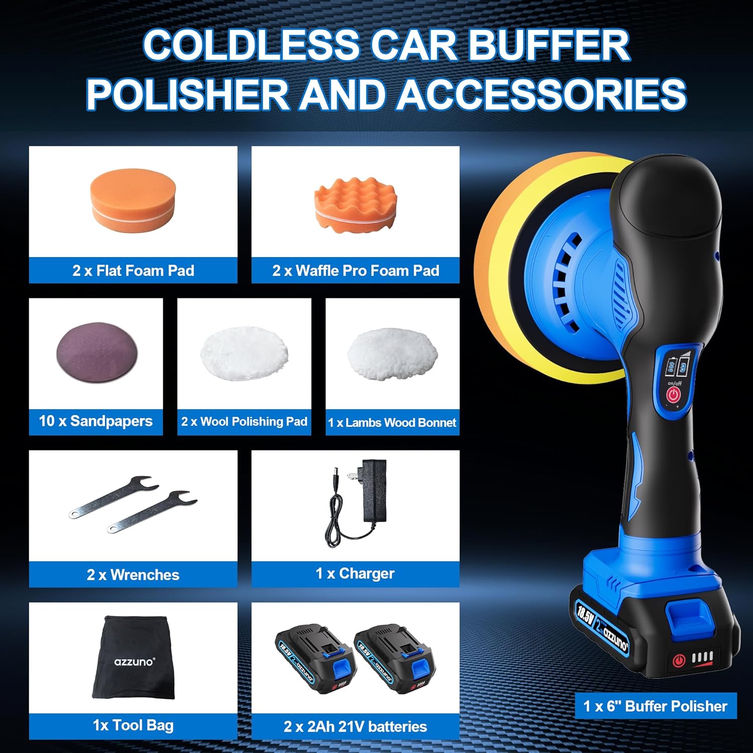 Cordless Car Buffer Polisher, 2x2Ah 21V Batteries 6'' Car buffer Waxer Kit, 8 Variable Speed 5500RPM Orbital Polisher, 5 Kinds Pads Polisher for Car Detailing, Boat Sanding, Scratch Removing