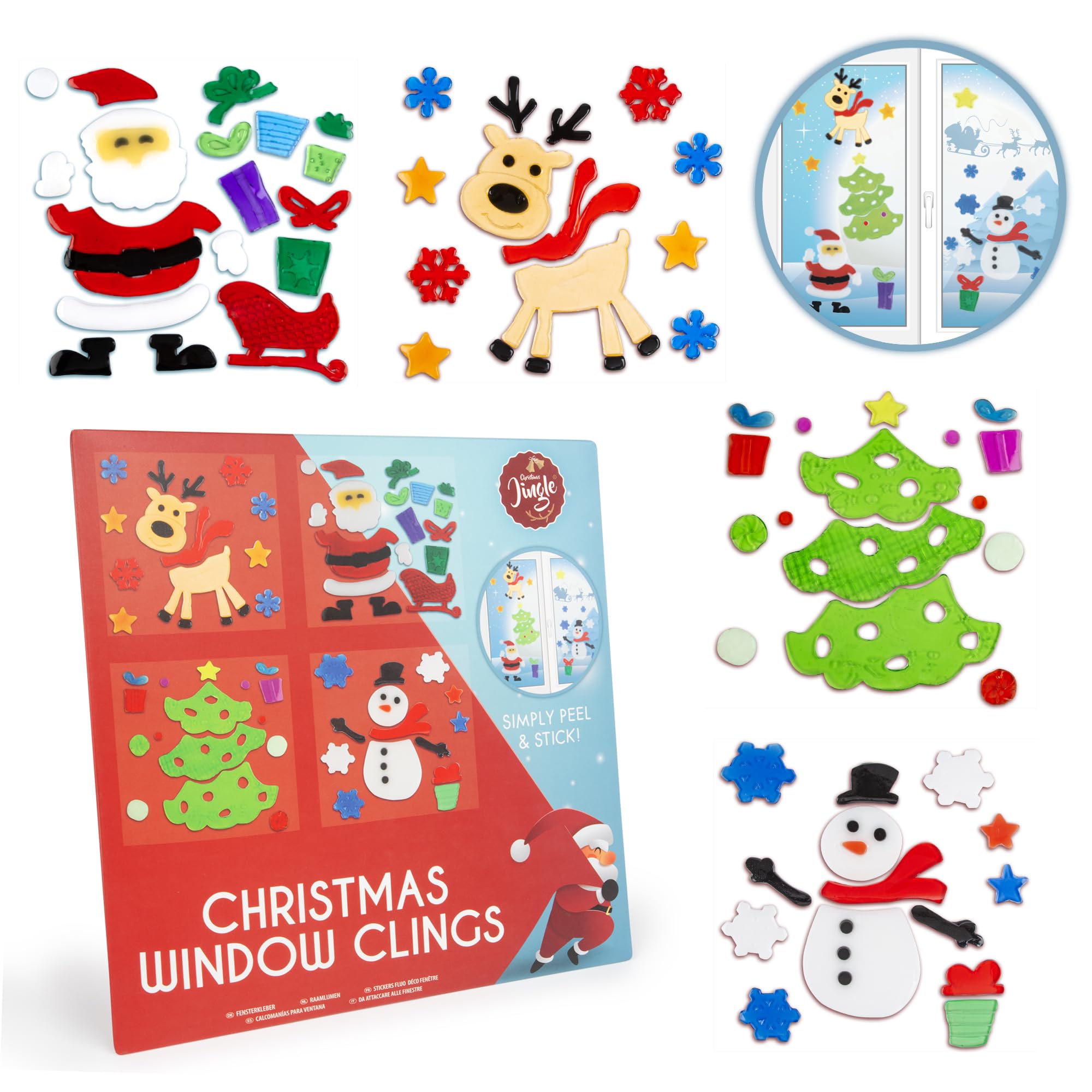 abeec Weihnachtliche Fensterbilder - Wiederverwendbar - Gel - Fensteraufkleber - Schneemann, Rentier, Weihnachtsmann & Weihnachtsbaum - Fensterdekoration