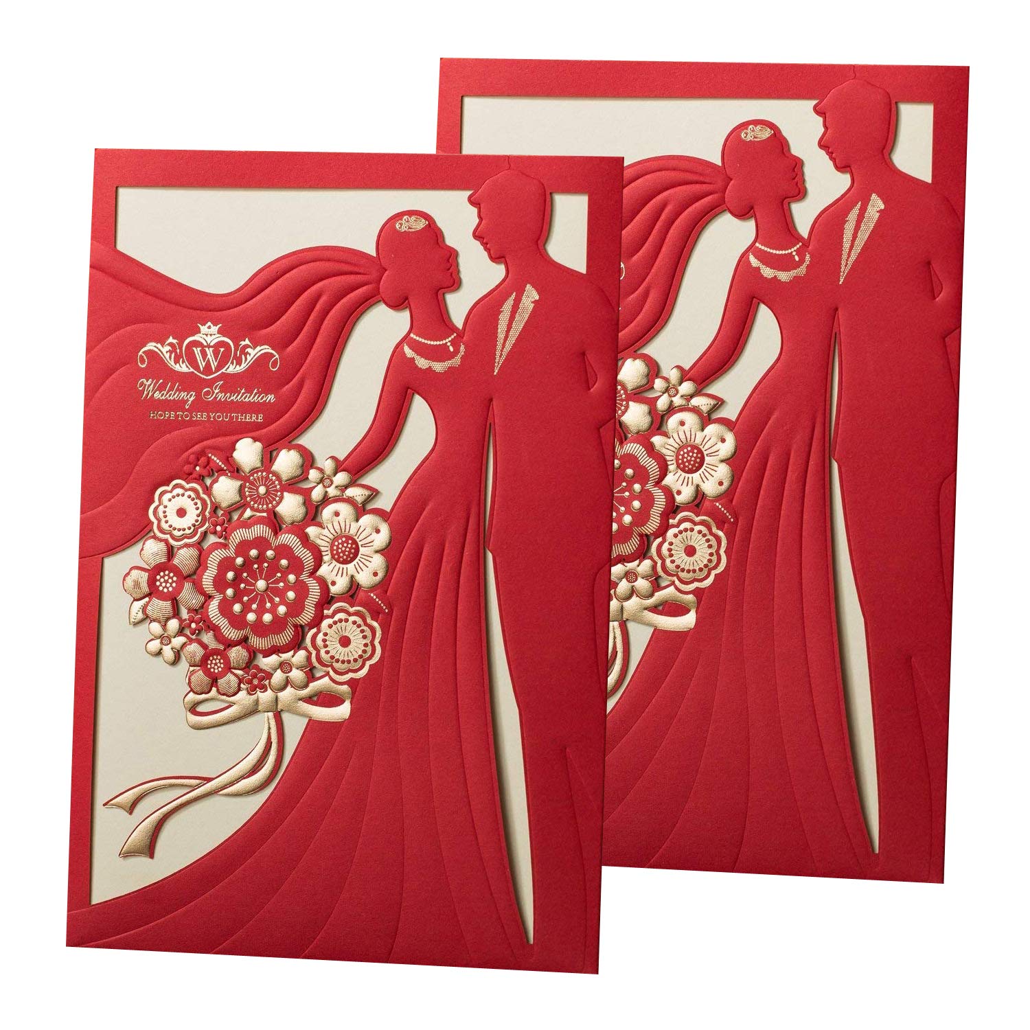 Lot de 50 cartes d'invitation en papier découpées au laser pour mariage, fête prénatale avec fleurs creuses CX068 Red