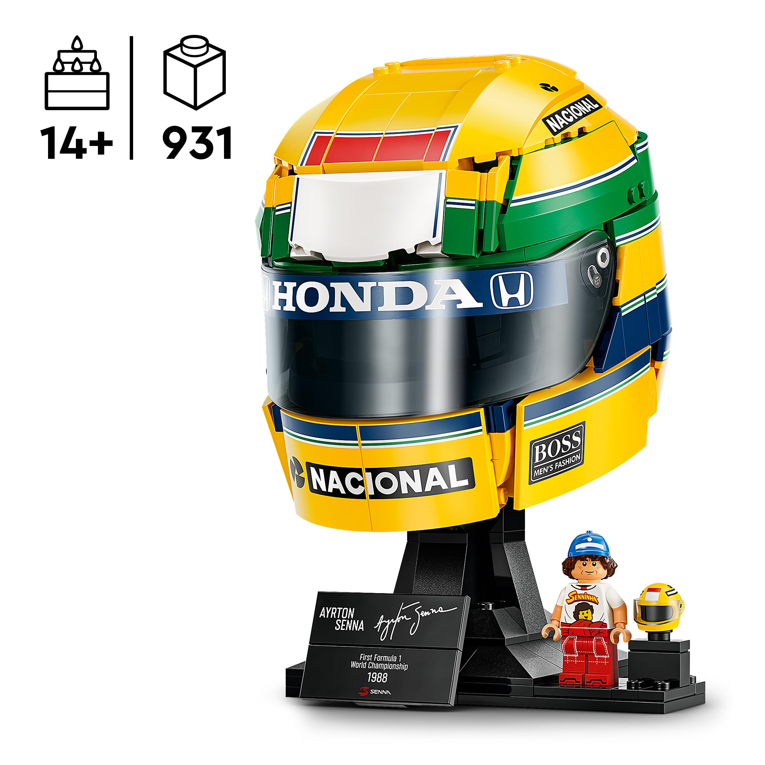 LEGO Editions Casco Ayrton Senna - Merch da F1 - Kit di Modellismo da Esposizione con Minifigure da Collezione - Regalo per Ragazzi da 14 Anni in su e per Adulti Appassionati di Automobilismo - 43024
