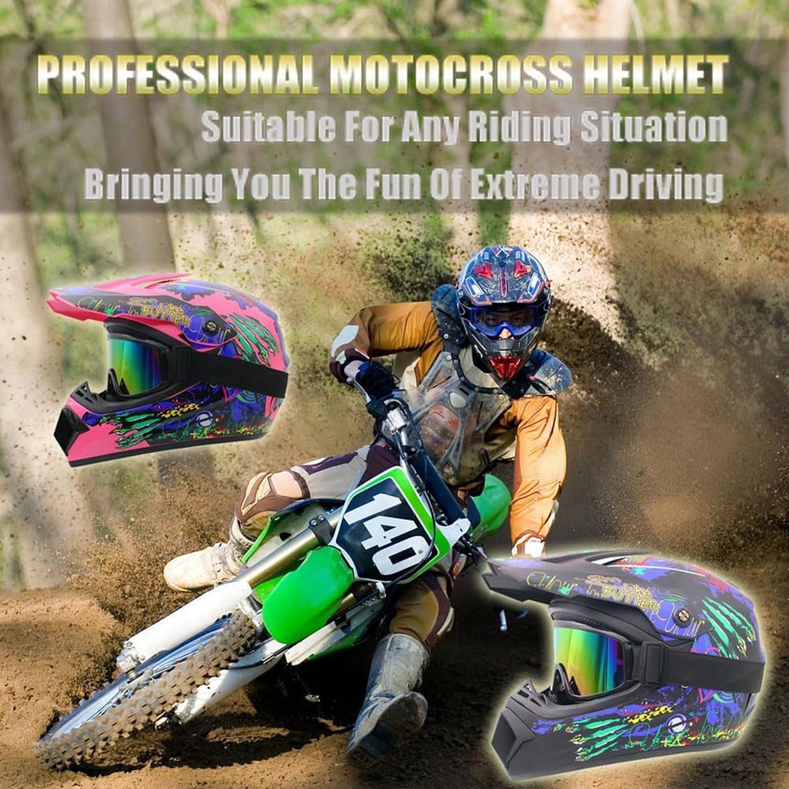 Hełm Motocross z pełną twarzą z rękawiczkami z maską w gogle, dorosłym motocyklowym kaskiem motocyklowym Helmem Crash Crash, Downhill Enduro Mtb Quad Dirt Bike(White,L(56~57cm))