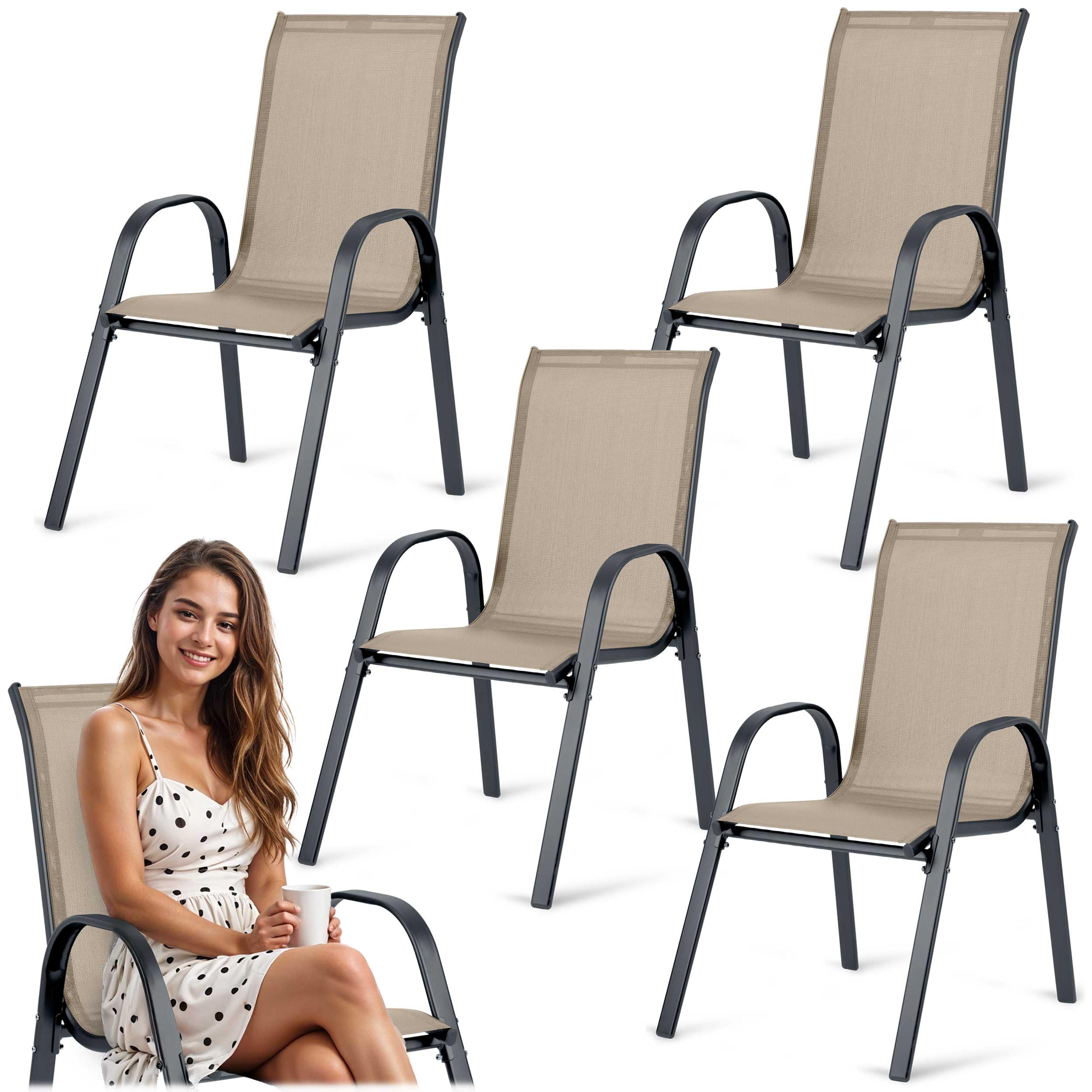 Lot de 4 chaises de Jardin, en Textile, métal, Stables, Confortables, pour Jardin, Balcon, Charge maximale : 120 kg, Beige