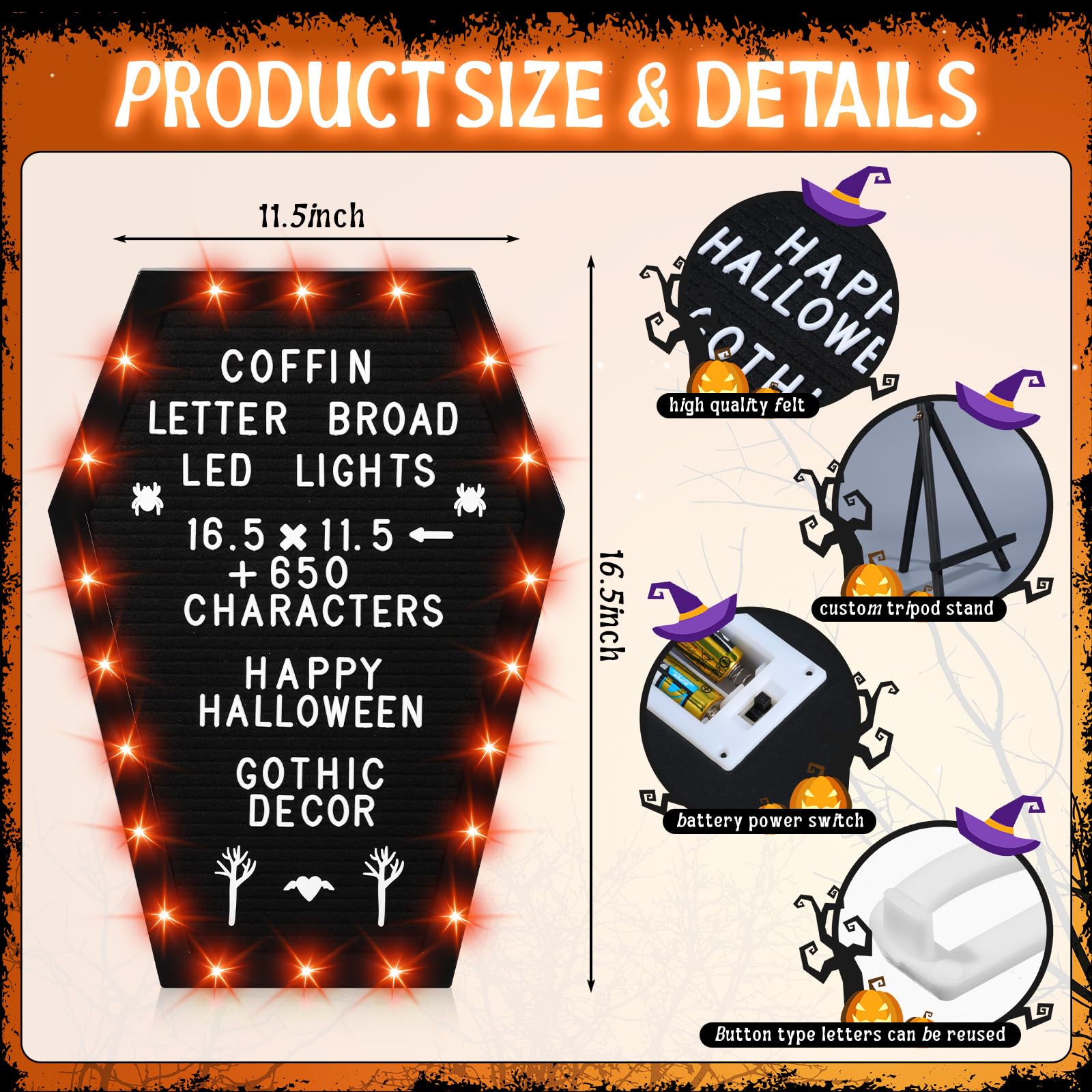 Sintuff Tablero de letras de ataúd con soporte, luces LED integradas, 620 caracteres, patrón de estilo de Halloween, decoración gótica para el hogar, oficina, bistró y escuela (luz LED naranja)