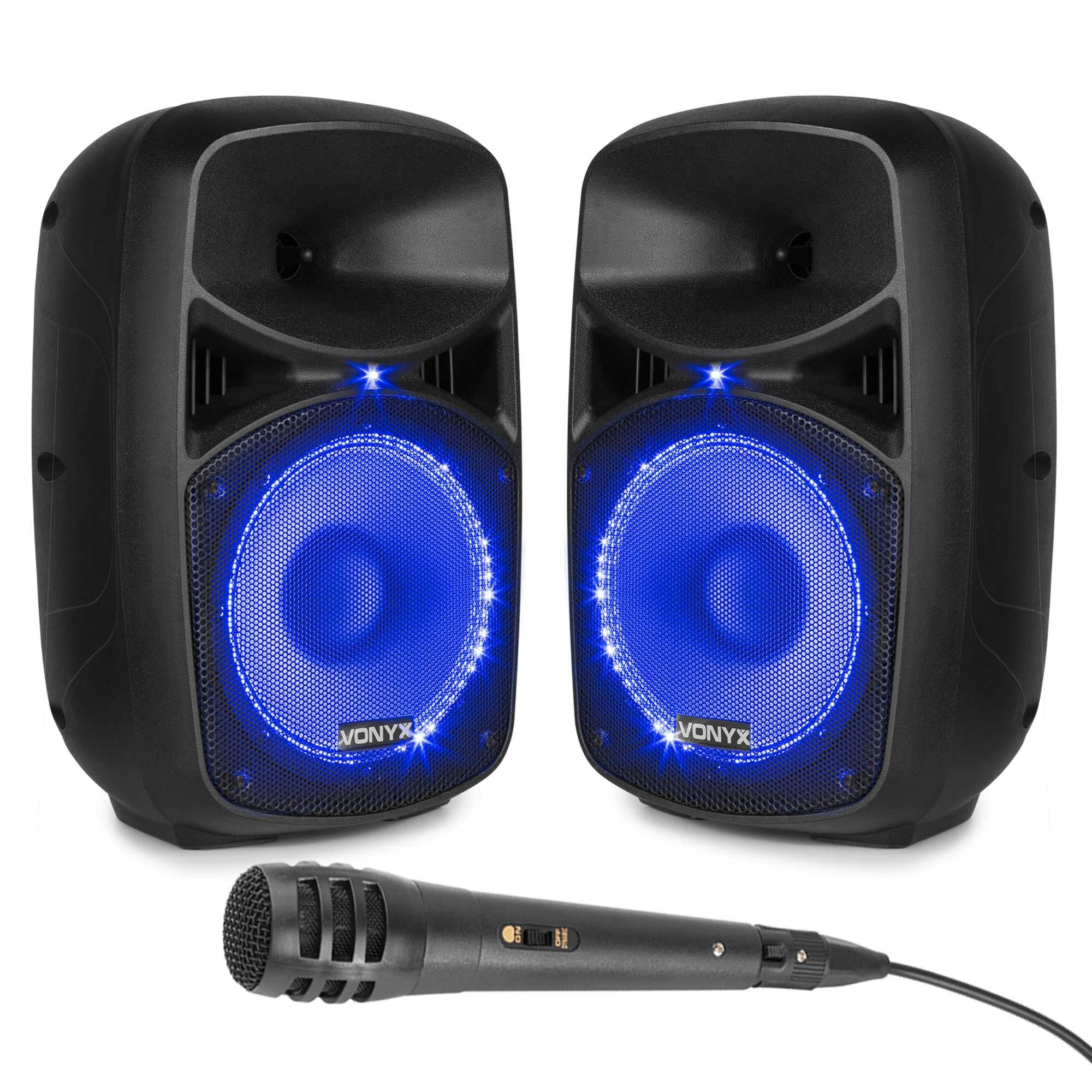 Vonyx VPS082A, PA Lautsprecher Aktiv Set, 400 Watt Party Lautsprecher Set mit Bluetooth und Mikrofon, PA Anlage Komplettset, 8 Zoll LED, USB, MP3, DJ Boxen, DJ Set Komplett, Schwarz