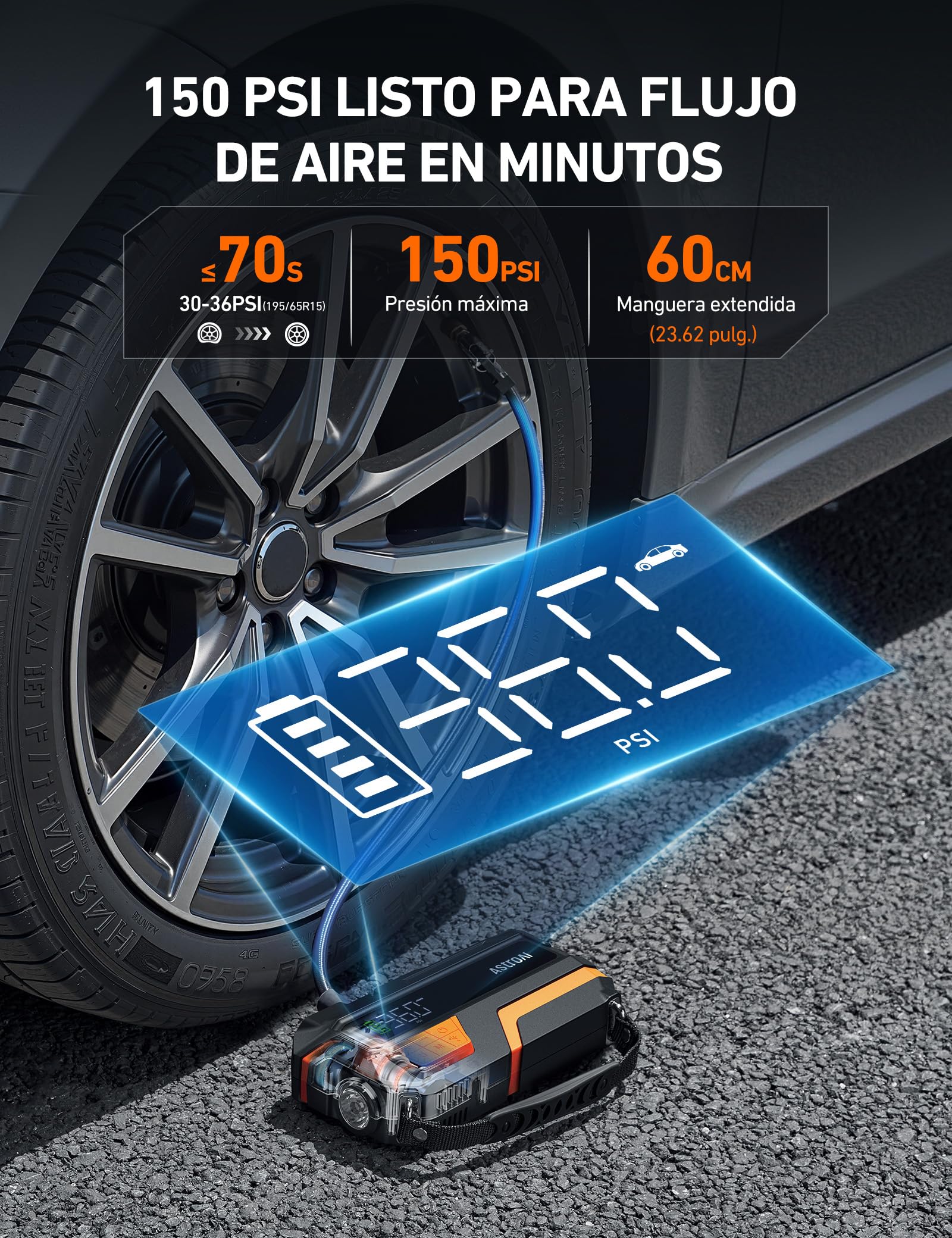 AstroAI MF16 Arrancador de Baterias de Coche de 8000 A con compresor de 150 PSI, Booster Bateria Portatil (para 12L Disésel o Todo Gas), Jump Starter con Protección Inteligente con Luz LED y Pantalla